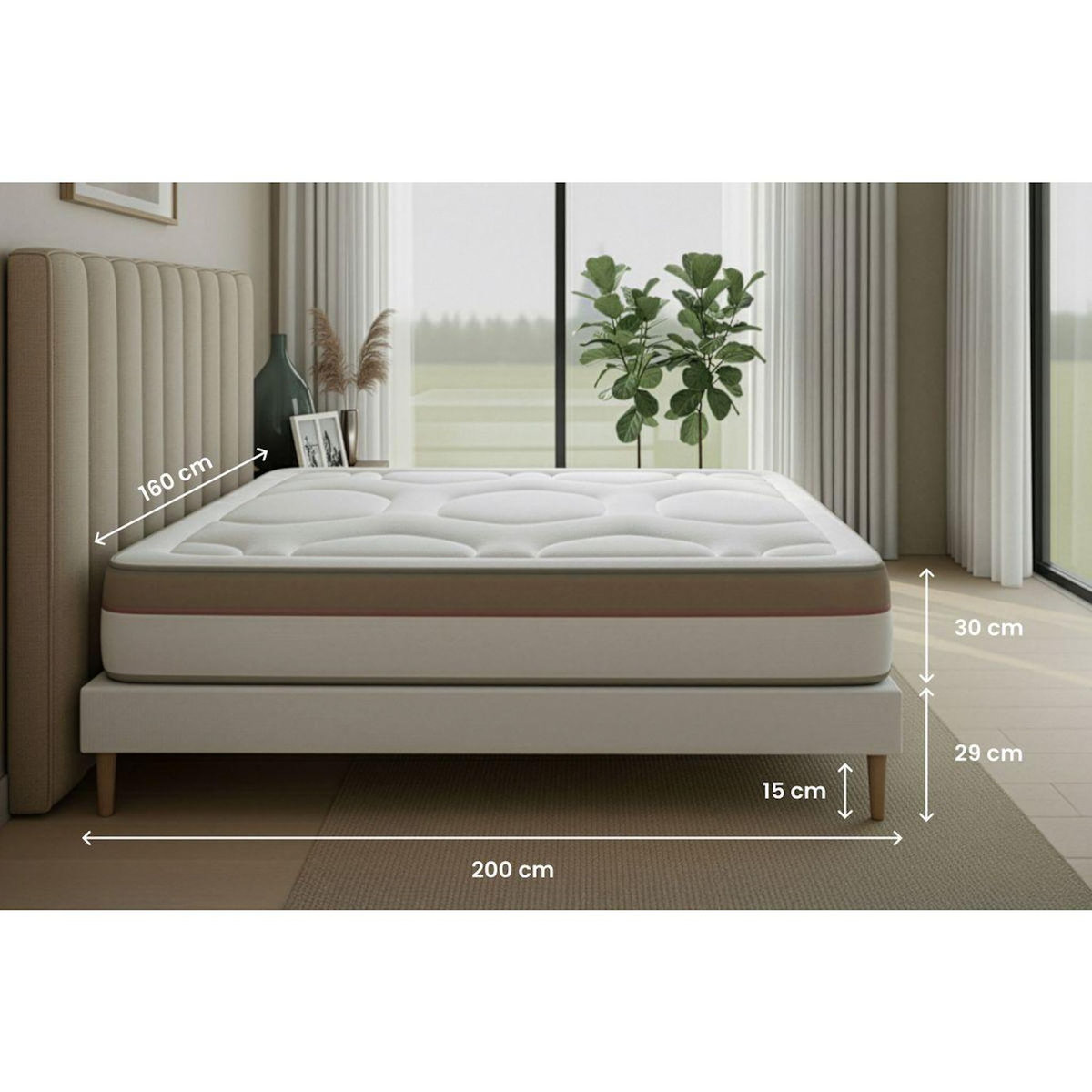 MARMOTTES&CO Ensemble LE COSY 160x200cm Mémoire de forme 7 zones de confort - Ep. 30cm + sommier Beige
