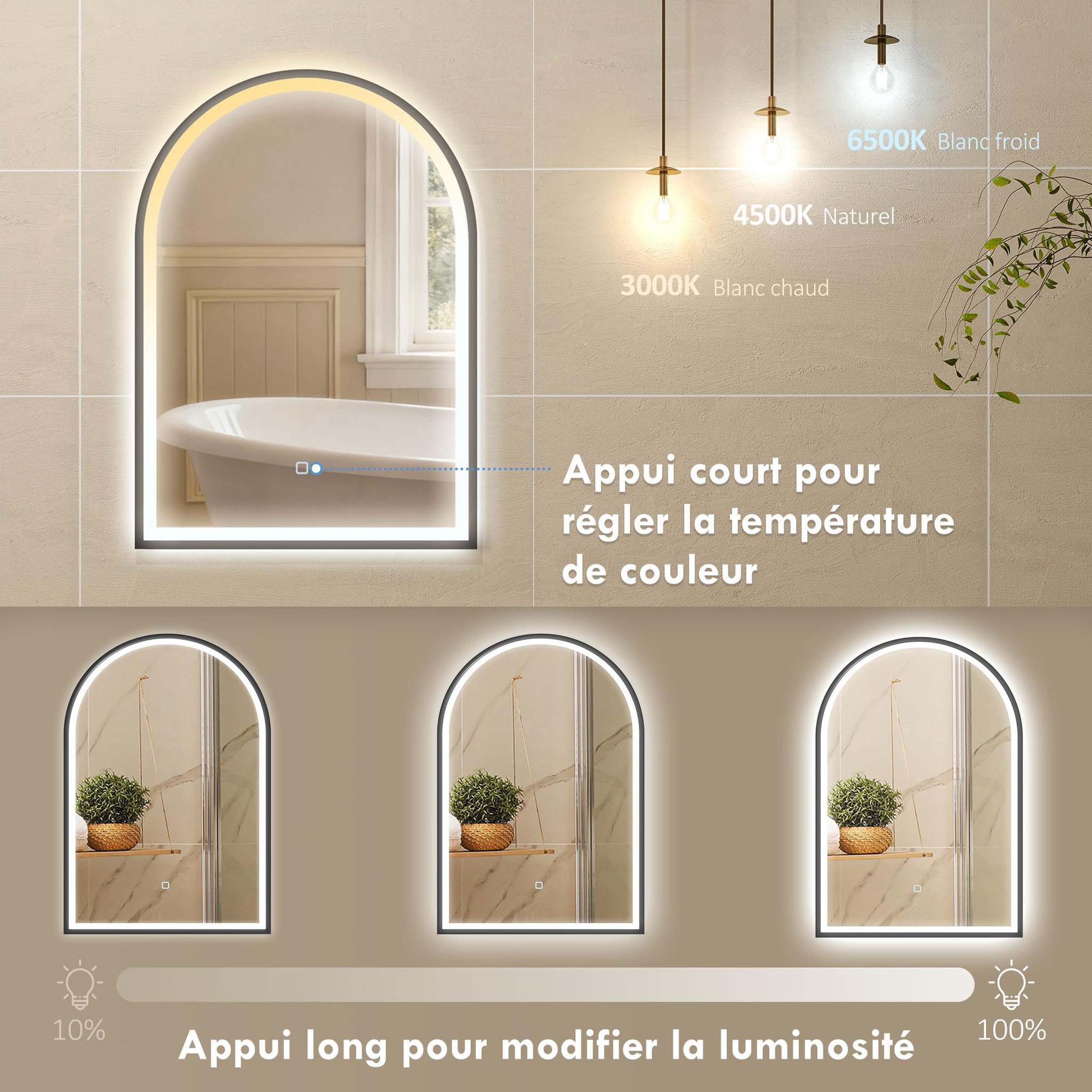 Voir la diapositive 5 : HOMCOM Miroir salle de bain led design arche 50 x 70 cm anti-buée dimmable tactile réglable verre trempé alu noir