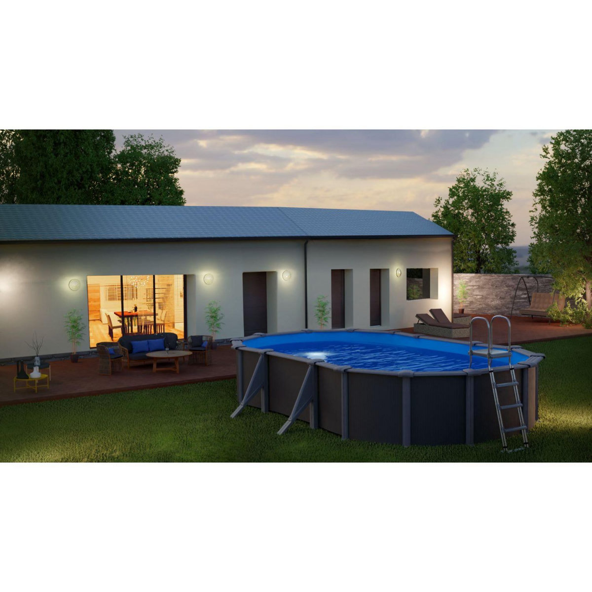 Piscine hors sol acier ovale - Gris anthracite - 6,34m x 3,99m x H 1,22m 