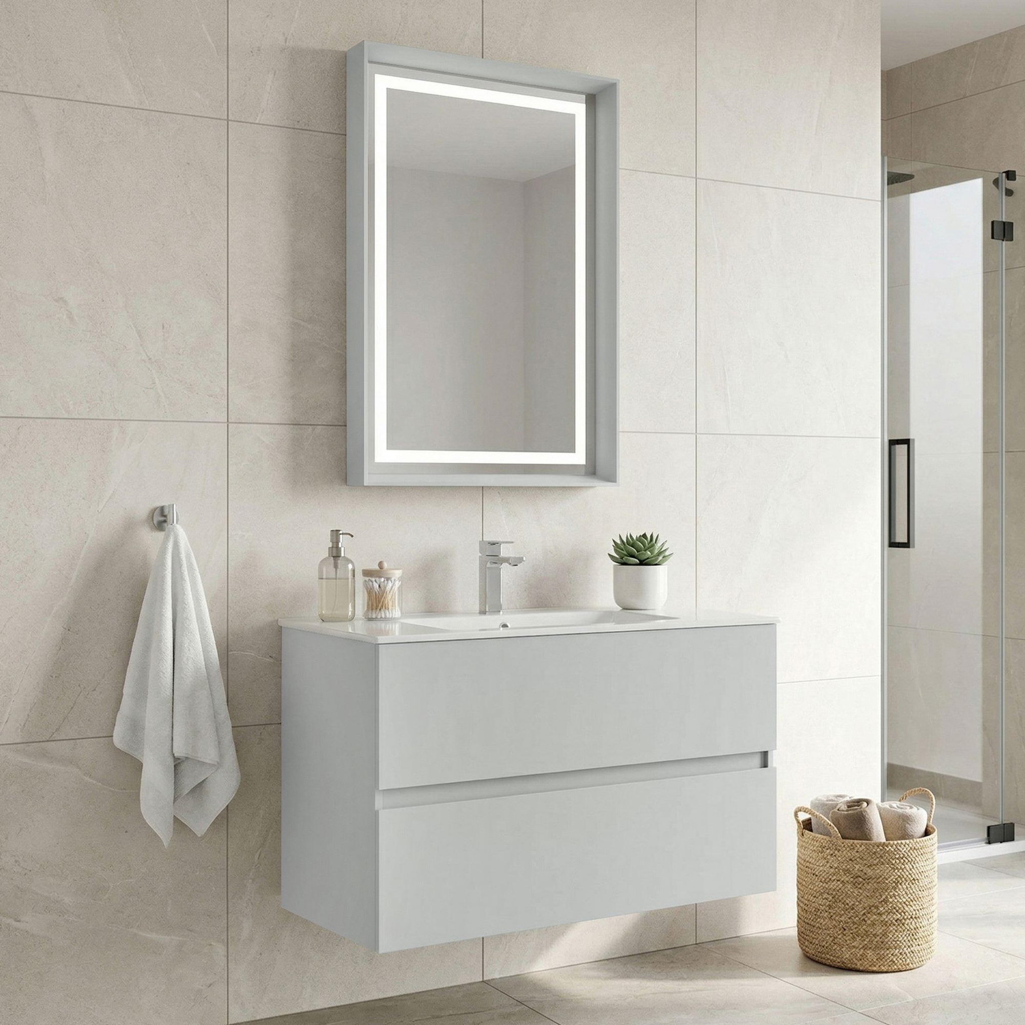 Voir la diapositive 2 : Habitat et Jardin Meuble avec simple vasque et miroir  Nest 91 v2  - 91 x 51 x 55 cm - Matte Cashmere