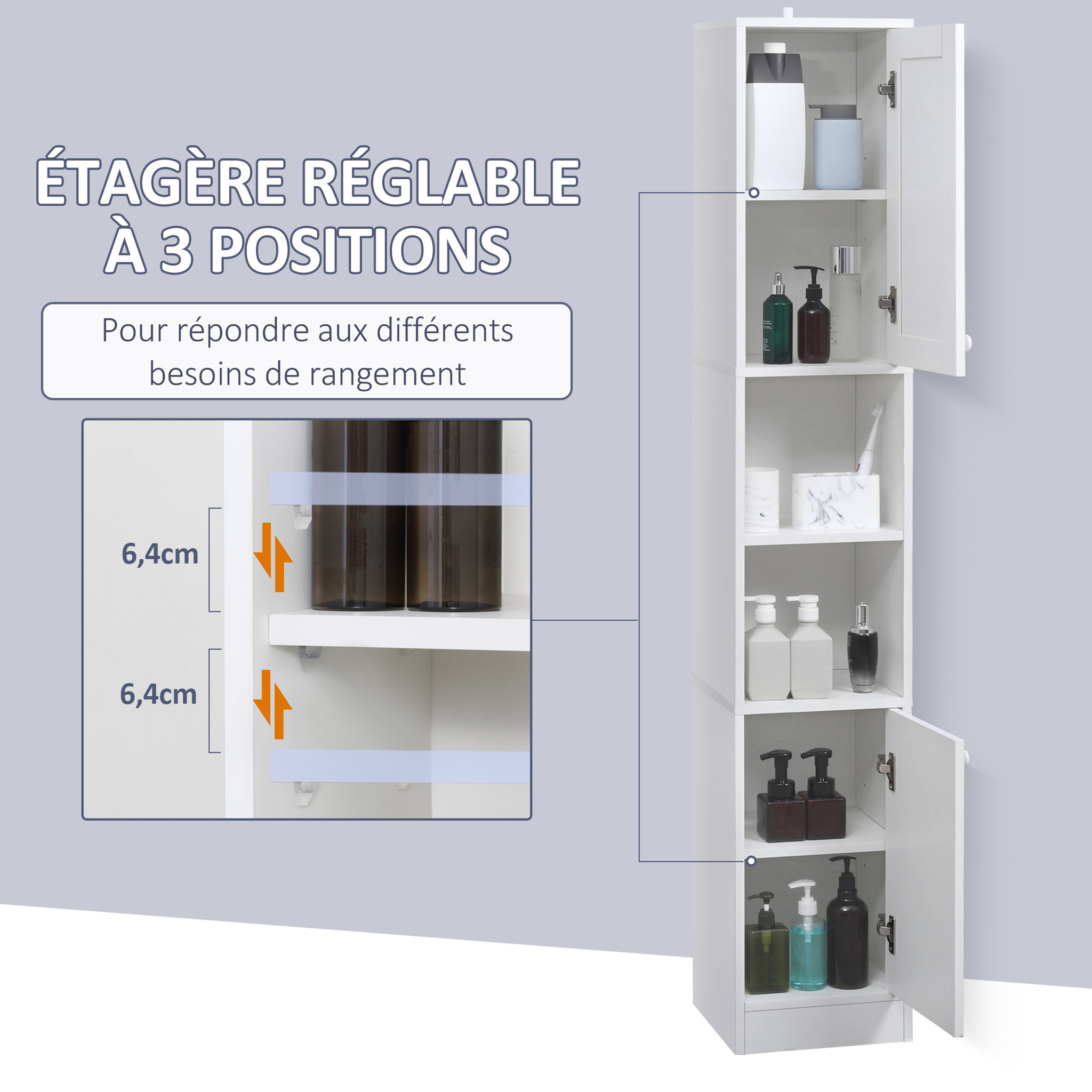 Voir la diapositive 5 : KLEANKIN Meuble colonne de salle de bain 2 portes avec étagères réglables 2 niches miroir panneaux particules blanc