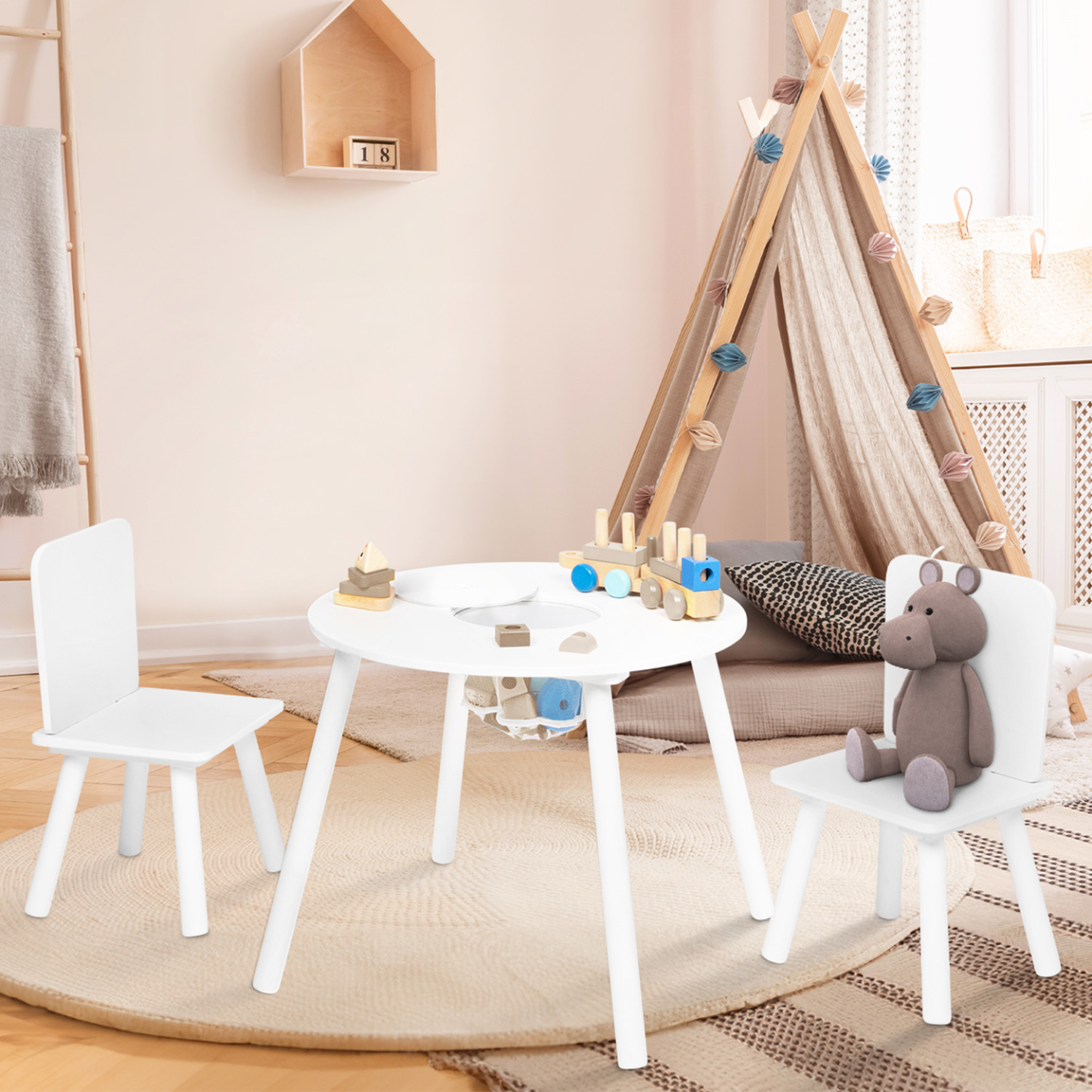 Voir la diapositive 2 : ID MARKET Table + 2 chaises enfant candice avec espace de rangement en bois blanc