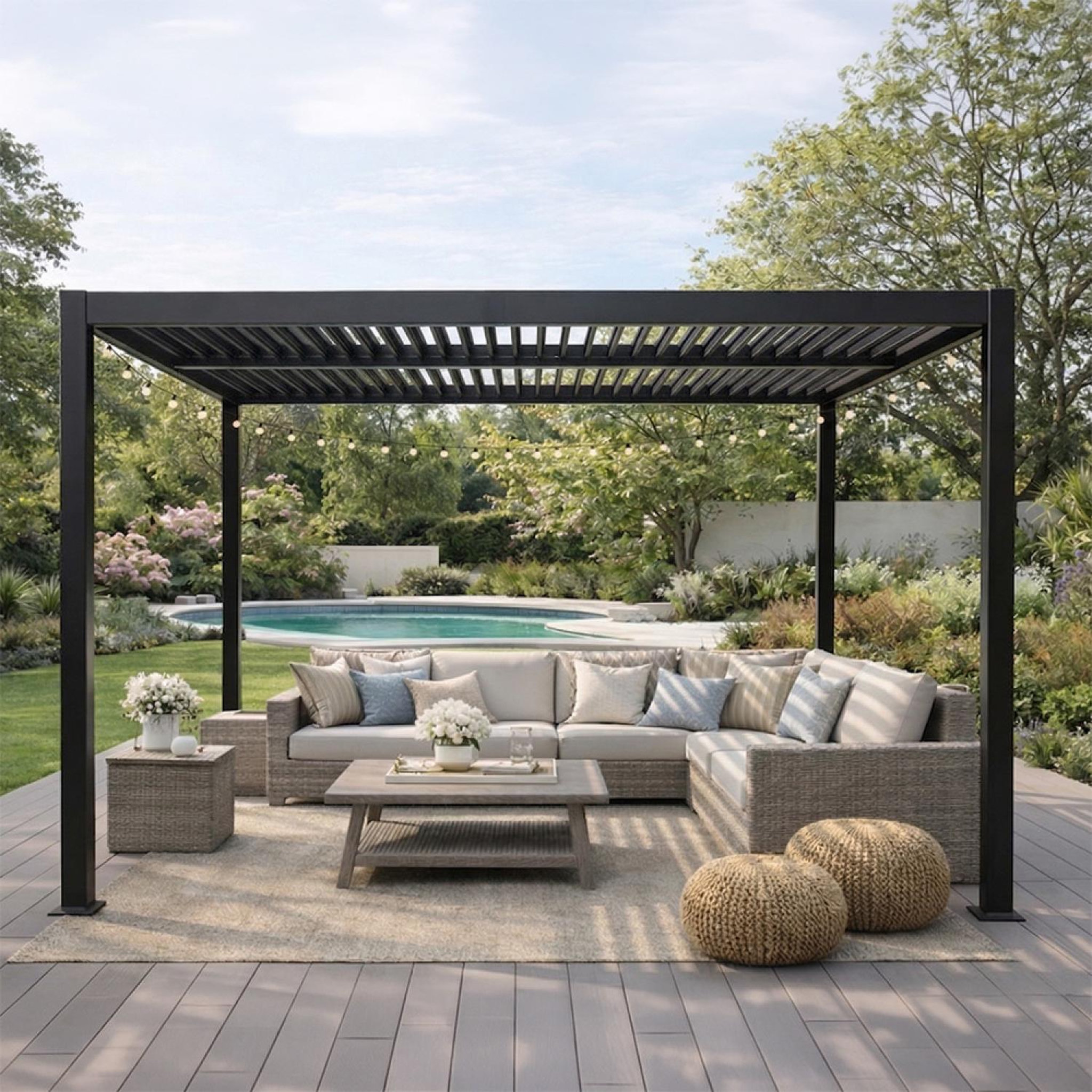 Voir la diapositive 6 : CONCEPT USINE Pergola bioclimatique aluminium et acier lames orientables 3x3m corfu
