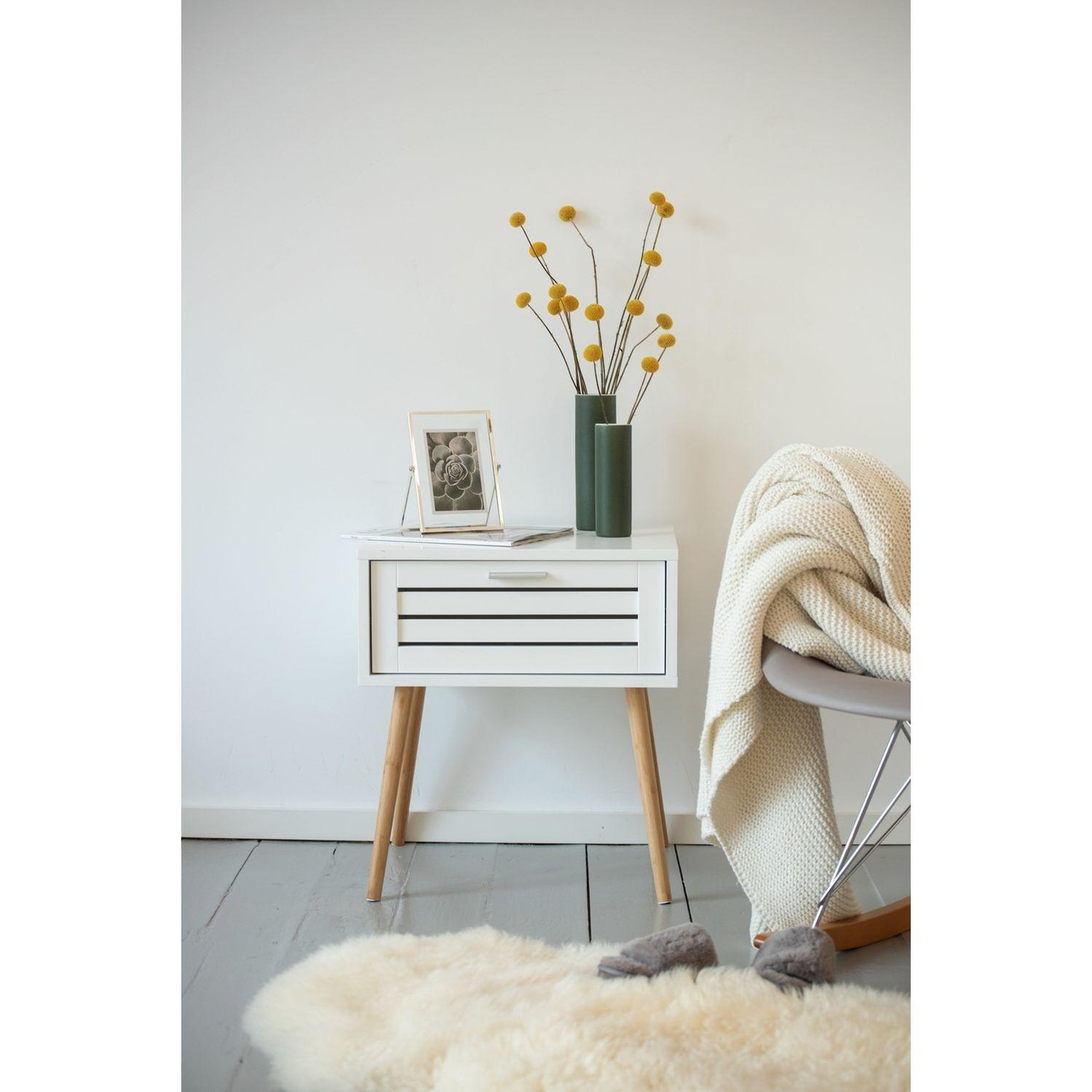 Voir la diapositive 2 : TOILINUX Lot de 2 tables de chevet finja avec 1 tiroir en bambou et mdf - blanc et bois