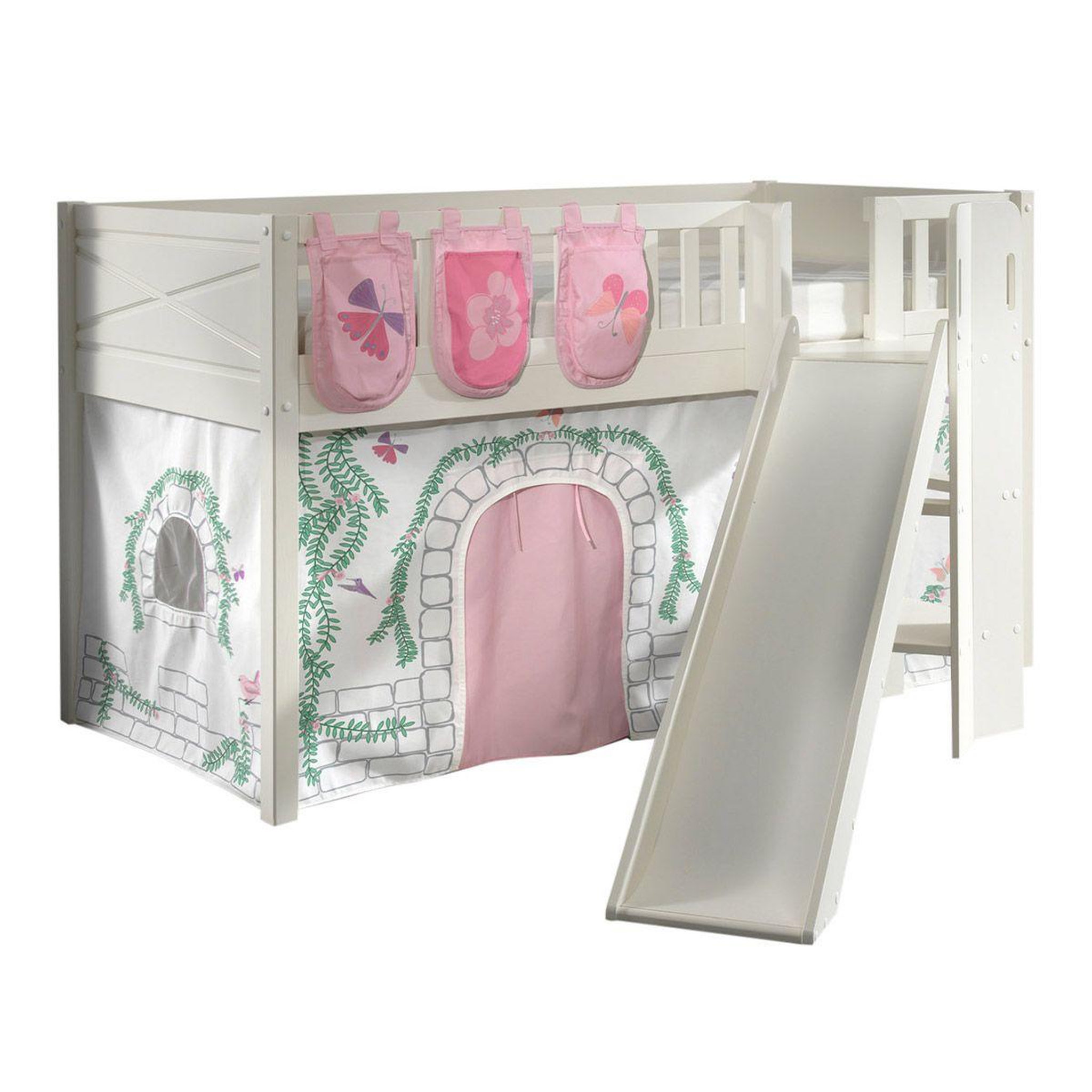 Paris Prix Lit enfant toboggan, tente & 3 pochettes  scott birdy  90x200cm blanc