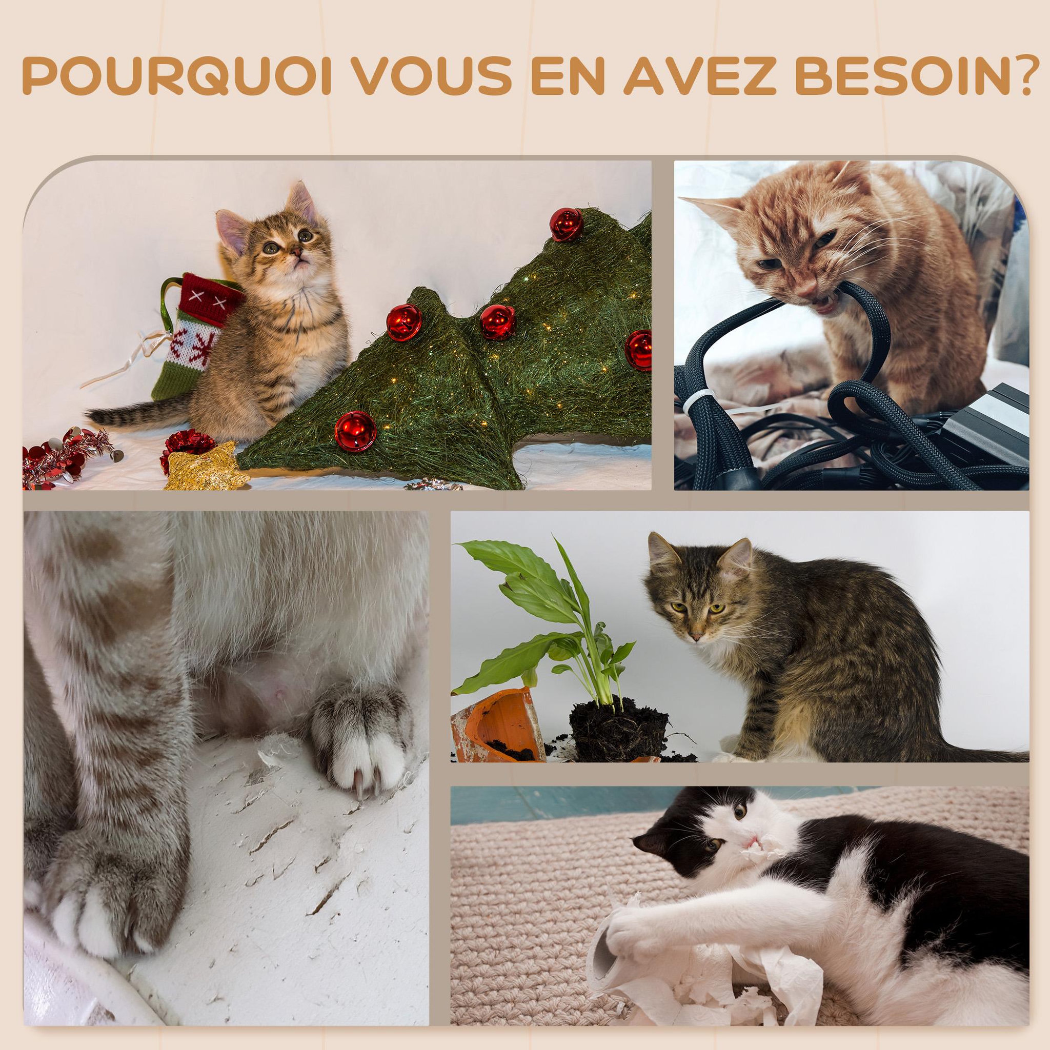 Voir la diapositive 6 : PAWHUT Mur d'escalade pour chat - arbre à chat design mural - griffoirs, grattoirs, jeux - sisal naturel peluche beige