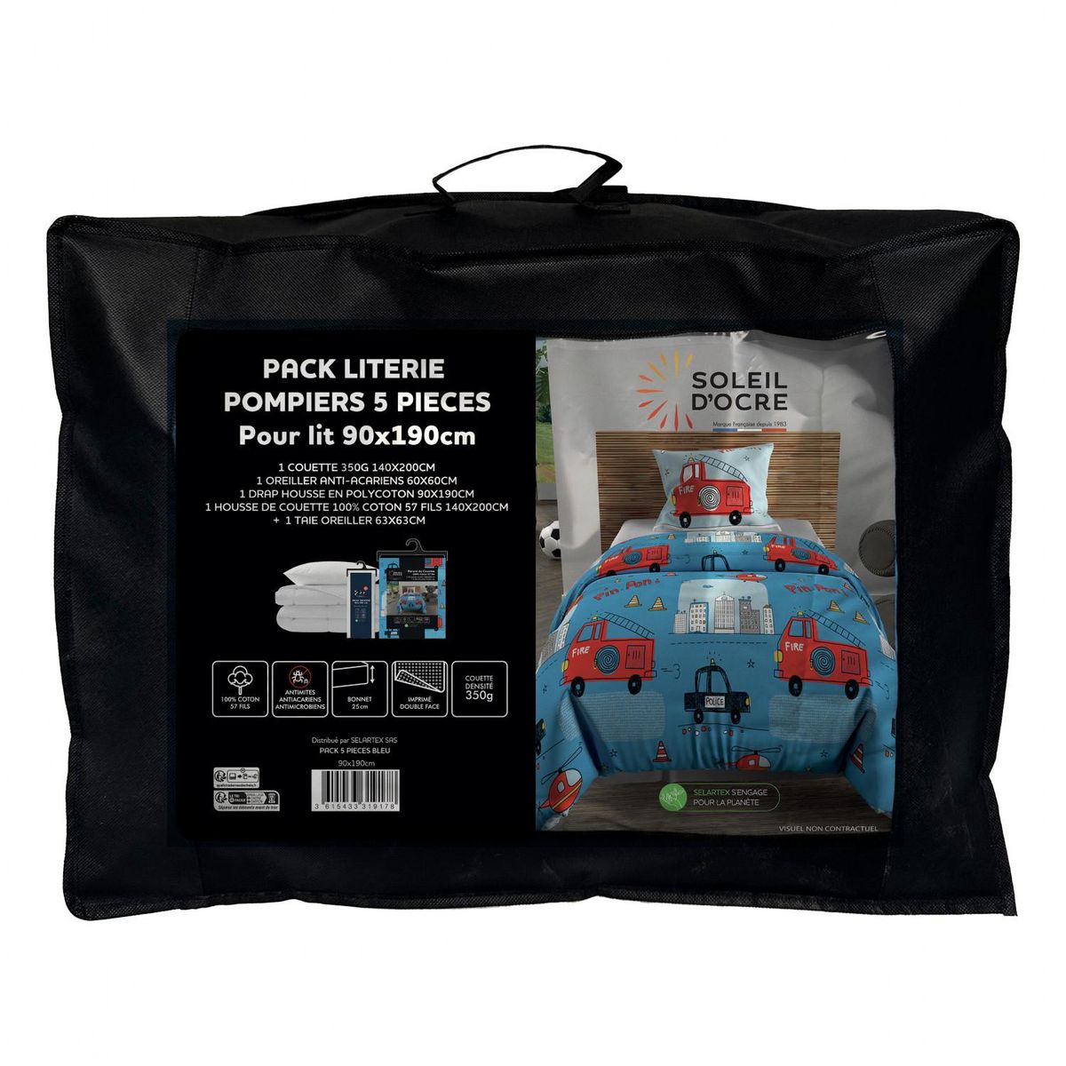 SOLEIL D'OCRE Ensemble couette et parure 5 Pièces POMPIERS bleu pour lit en 90x190 cm, par Soleil d'ocre