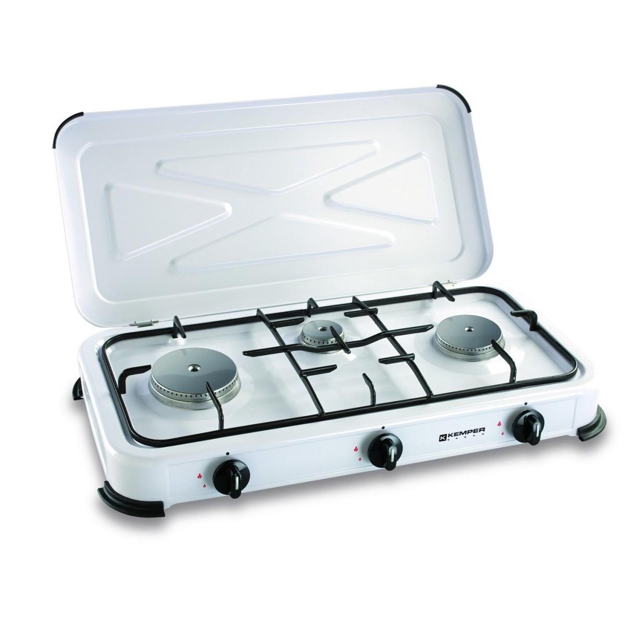 Voir la diapositive 3 : Kemper Réchaud gaz portable 3 feux 3450W Blanc laqué Couvercle Plaque de cuisson + Tuyau gaz KEMPER
