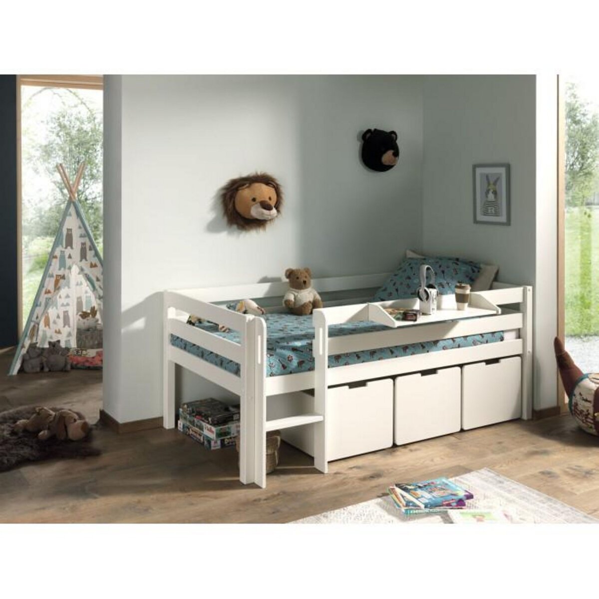Paris Prix Pack - Lit Enfant Surélevé, 3 Tiroirs & Étagère  Pino  Blanc