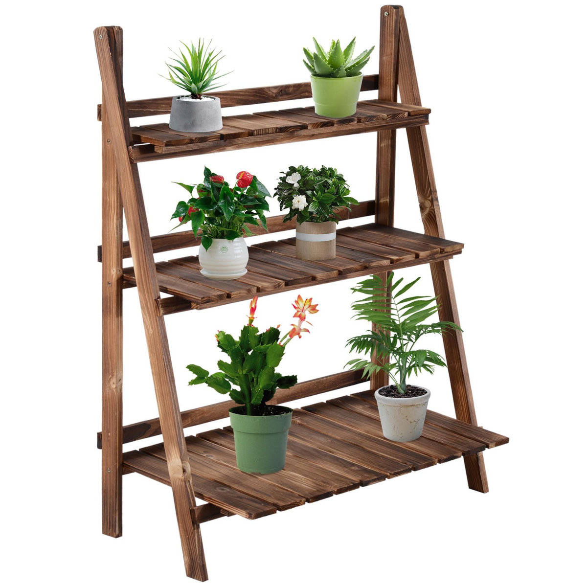 OUTSUNNY Étagère à plantes forme pyramidale échelle pliante avec 3 étagères - dim. 80L x 37l x 93H cm - bois sapin traité carbonisation