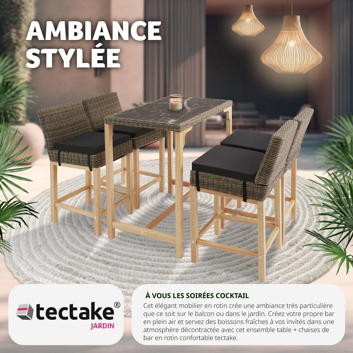 tectake Ensemble table en rotin avec 4 chaises avec cadre en aluminium marron naturel