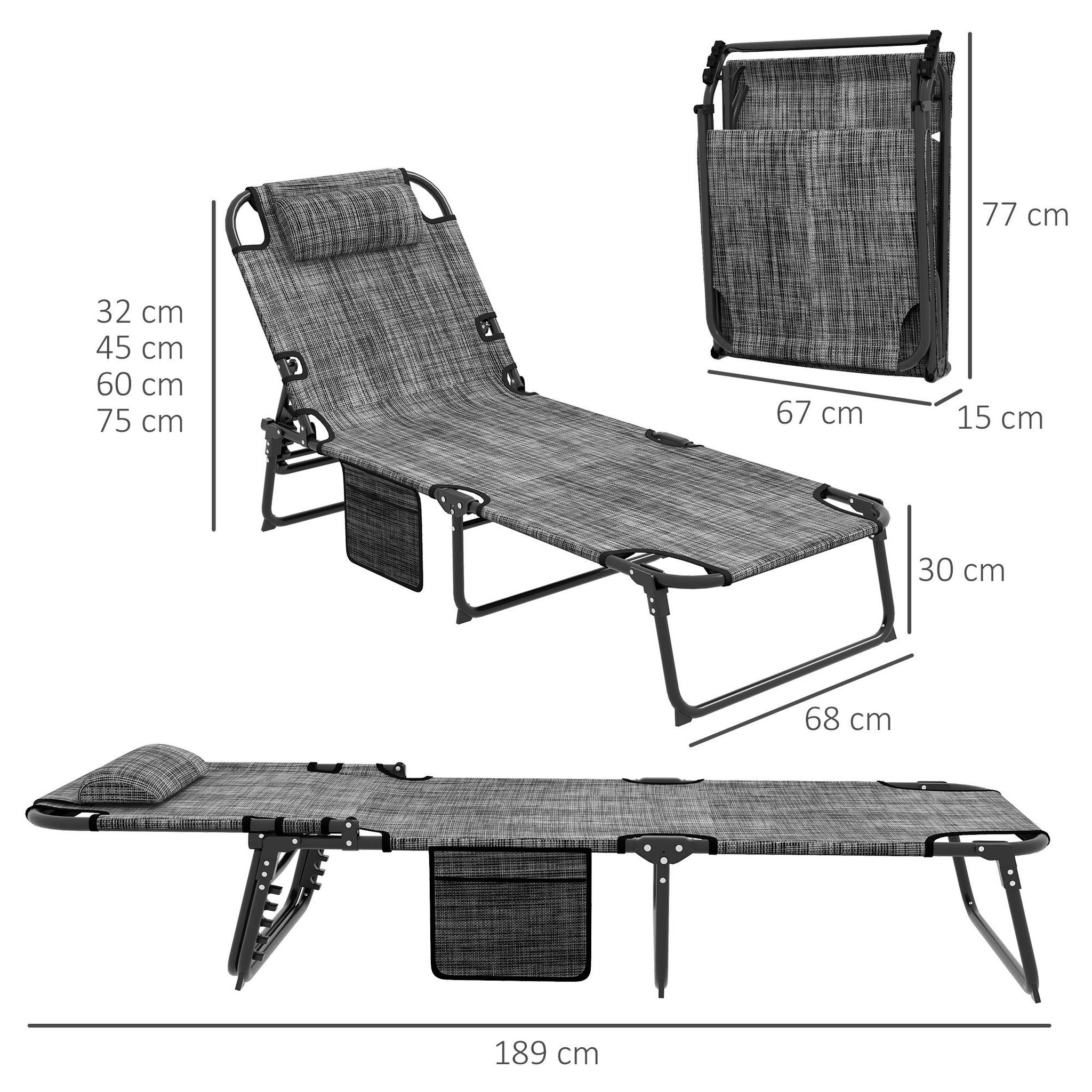 Voir la diapositive 3 : OUTSUNNY Lot de 2 transats bains de soleil pliables inclinables - tétière, matelas épais - métal tissu gris