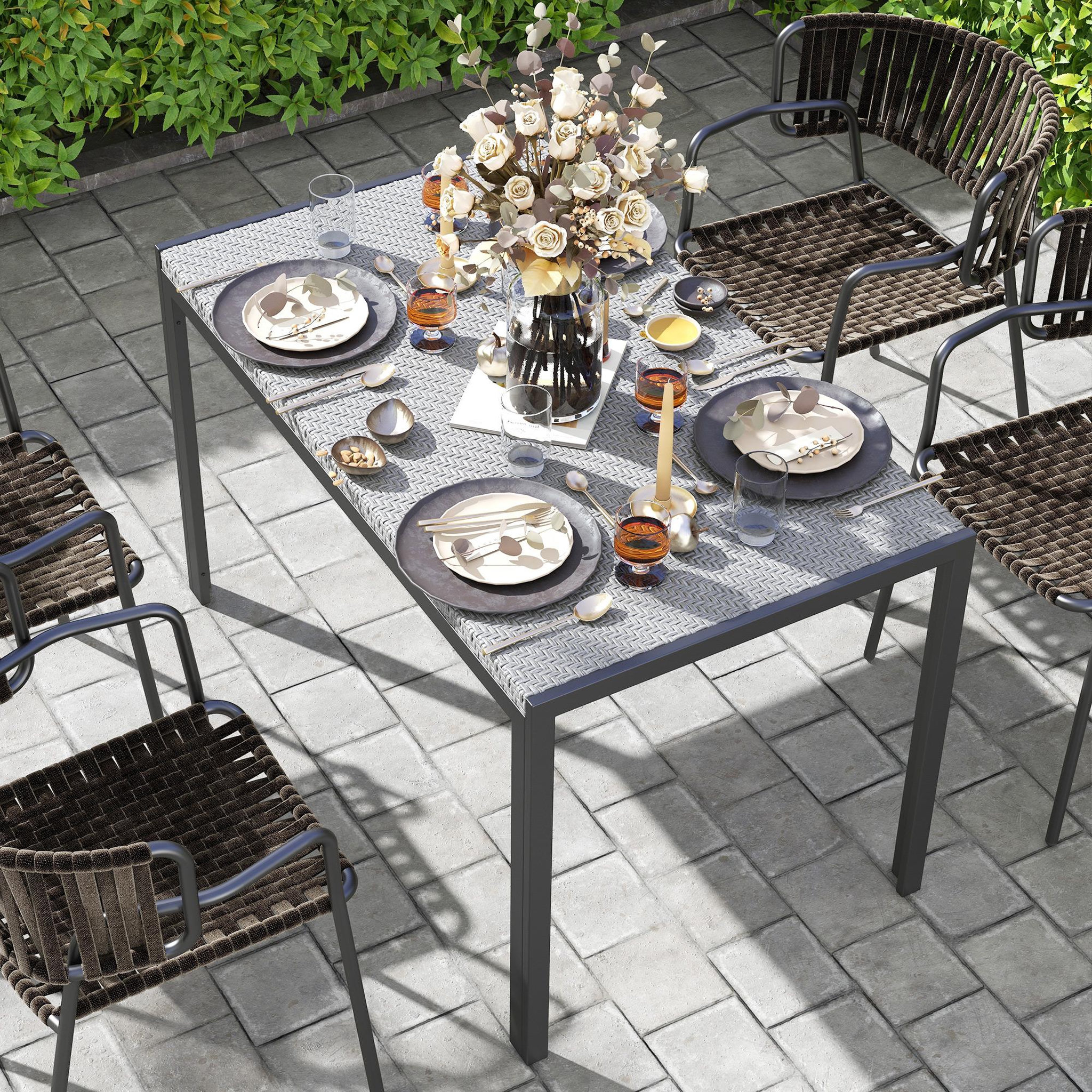 Voir la diapositive 4 : OUTSUNNY Table de jardin rectangulaire 4 personnes métal plateau résine tressée