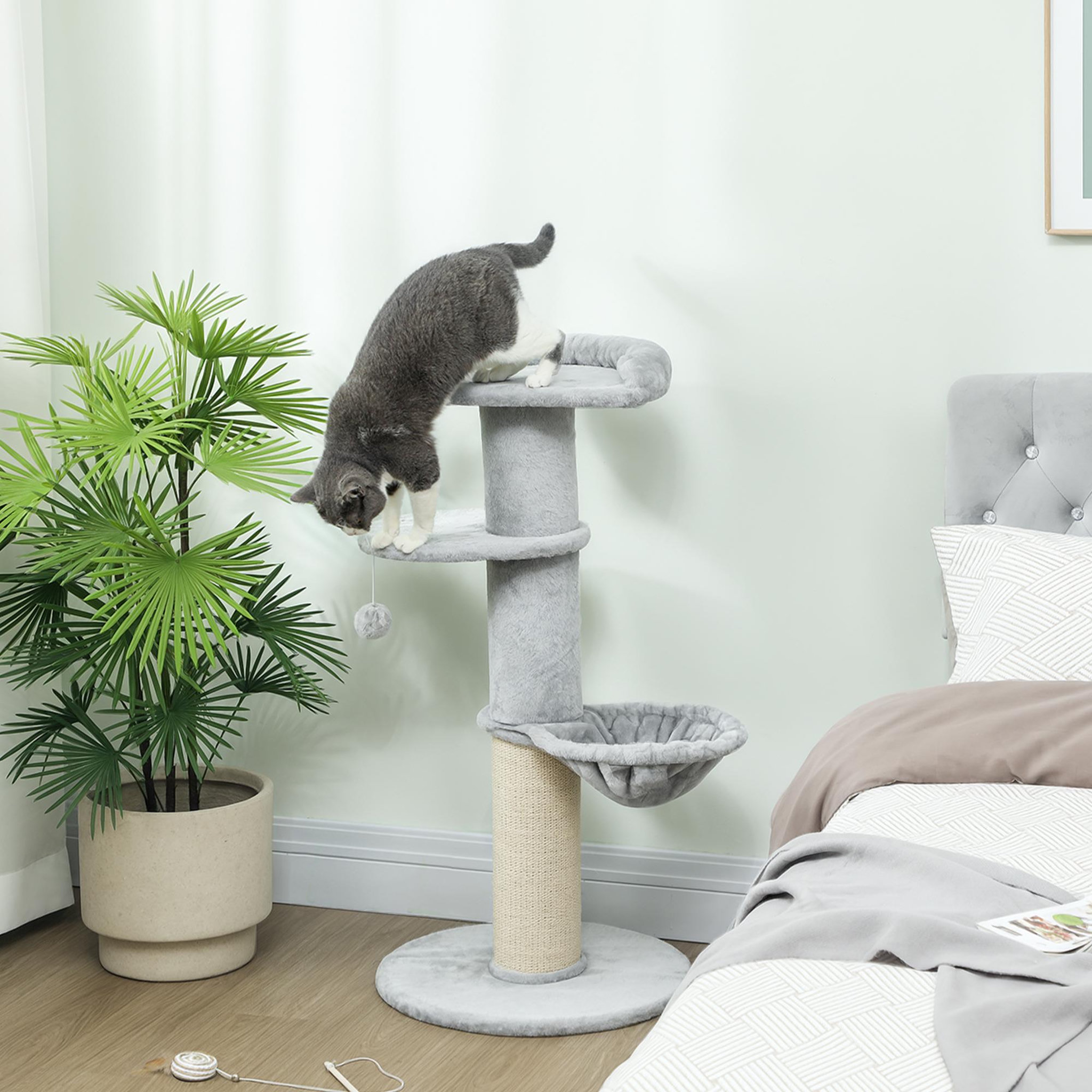 Voir la diapositive 2 : PAWHUT Arbre à chat design gris clair h.103cm - griffoir, hamac, jeu boule, plateformes