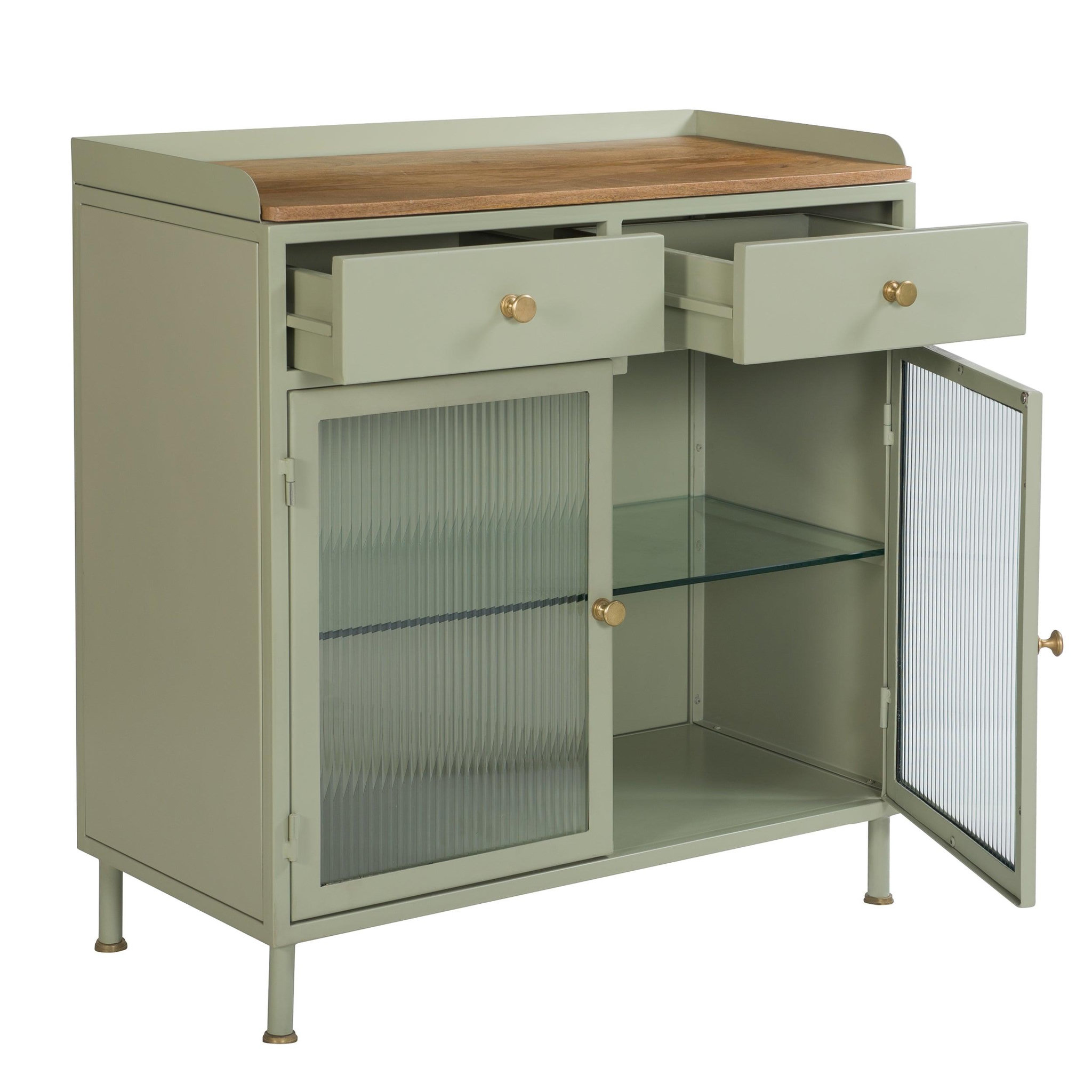 Voir la diapositive 6 : MAISON PAVANE Buffet 2 portes 2 tiroirs en métal vert, manguier et verre-Marnie