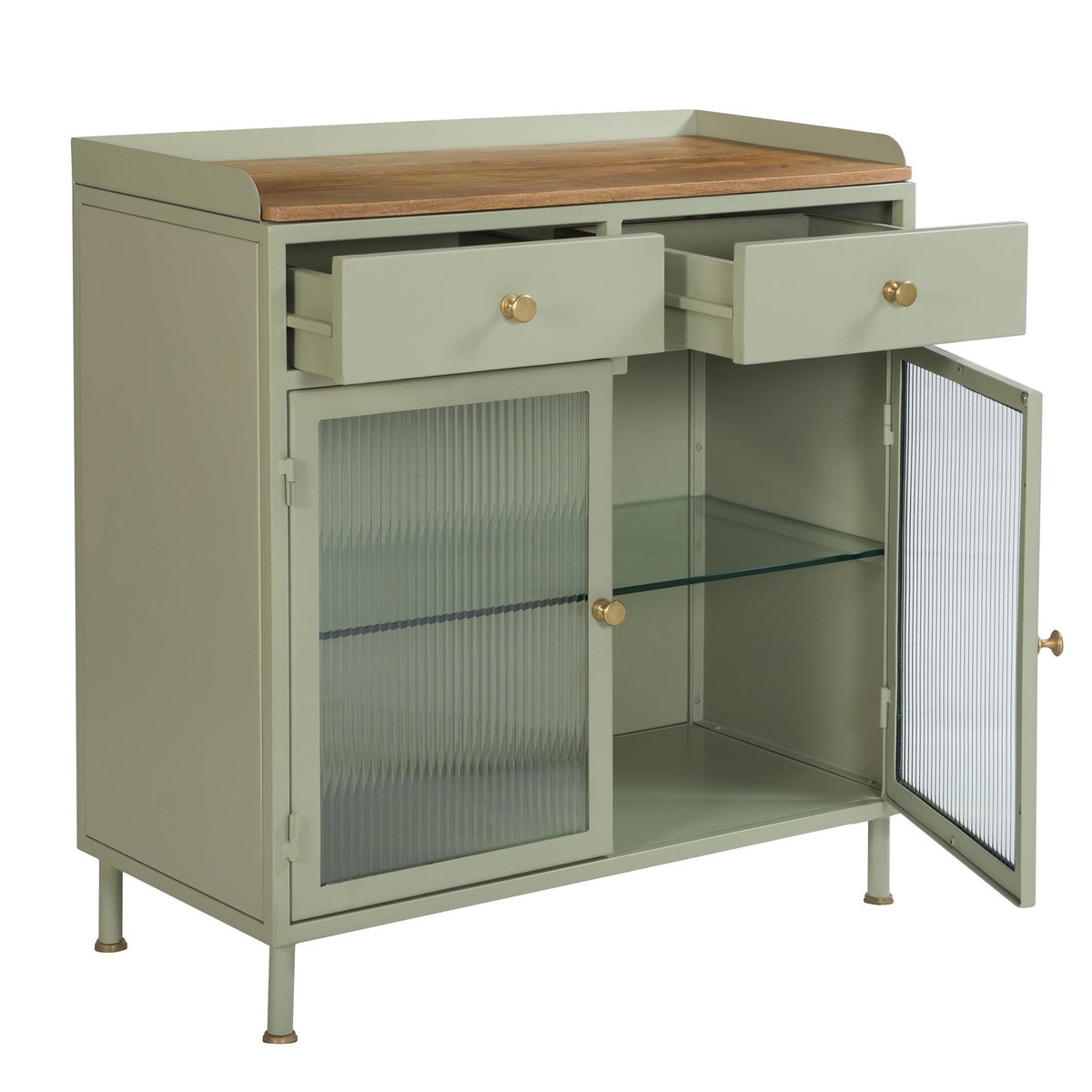 Rendez vous déco Buffet 2 portes 2 tiroirs en métal vert, manguier et verre-Marnie