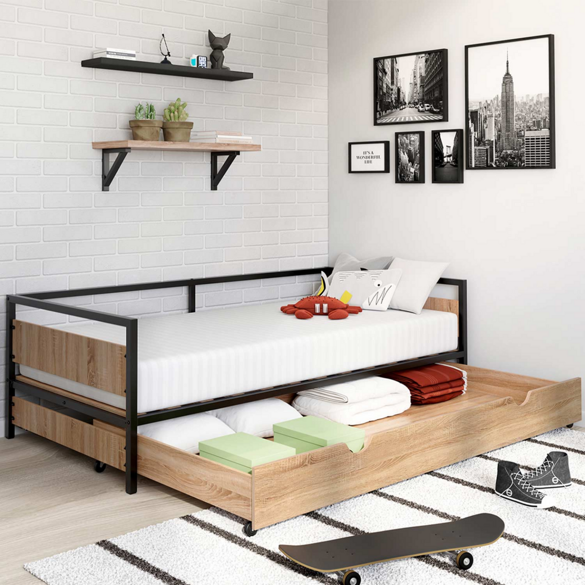 ID MARKET Lit enfant DETROIT 90 x 190 cm avec tiroir gigogne et rangement style industriel