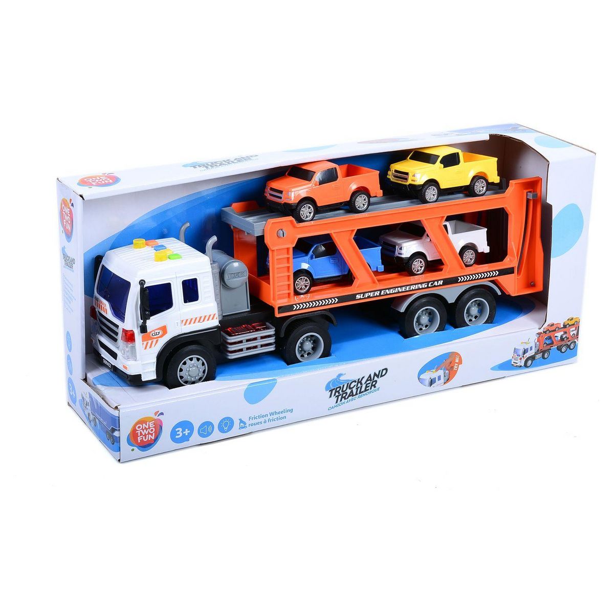 One Two Fun Camion de transport avec sons et lumière + 4 véhicules