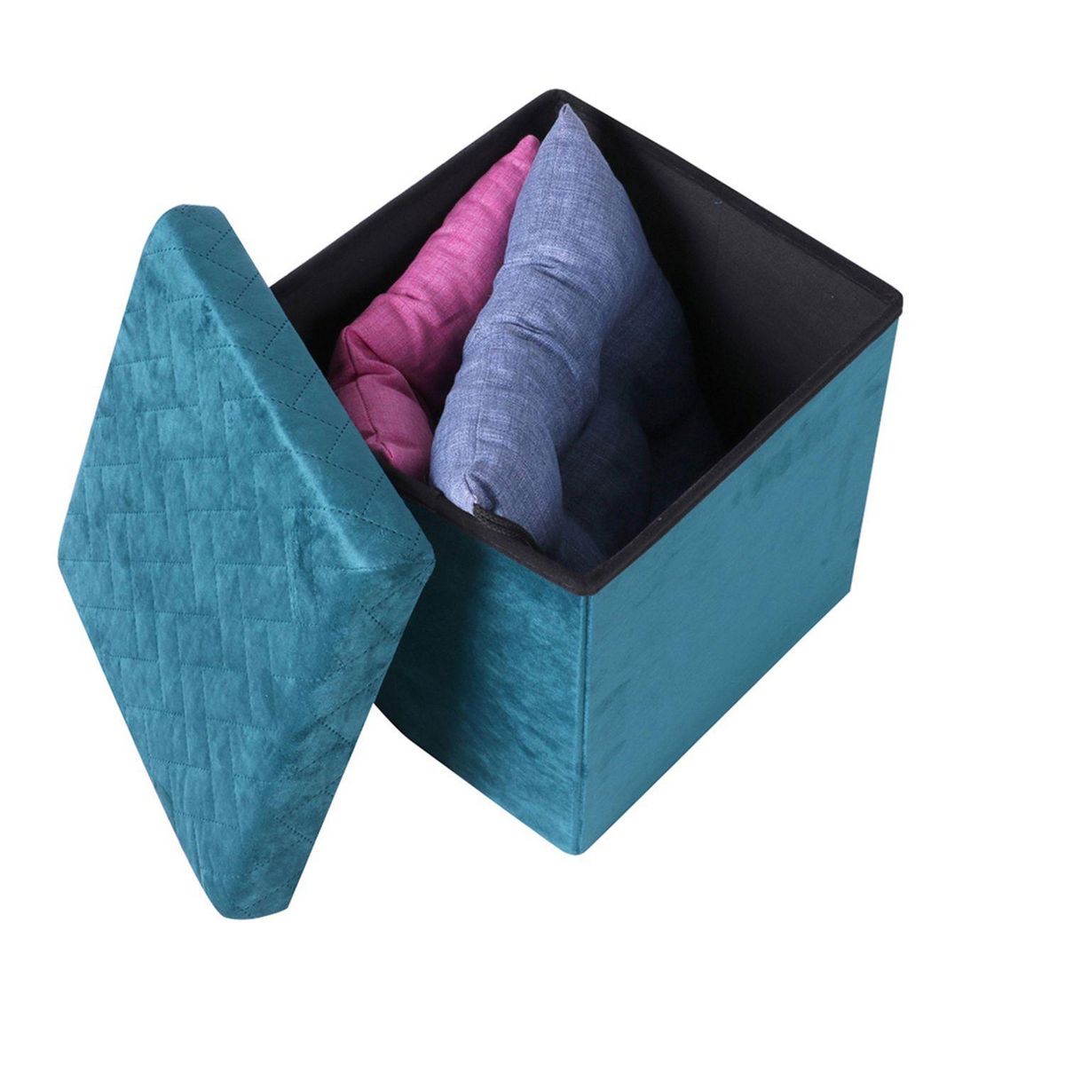 TOILINUX Pouf de rangement pliable Kube en velours - Bleu Vert
