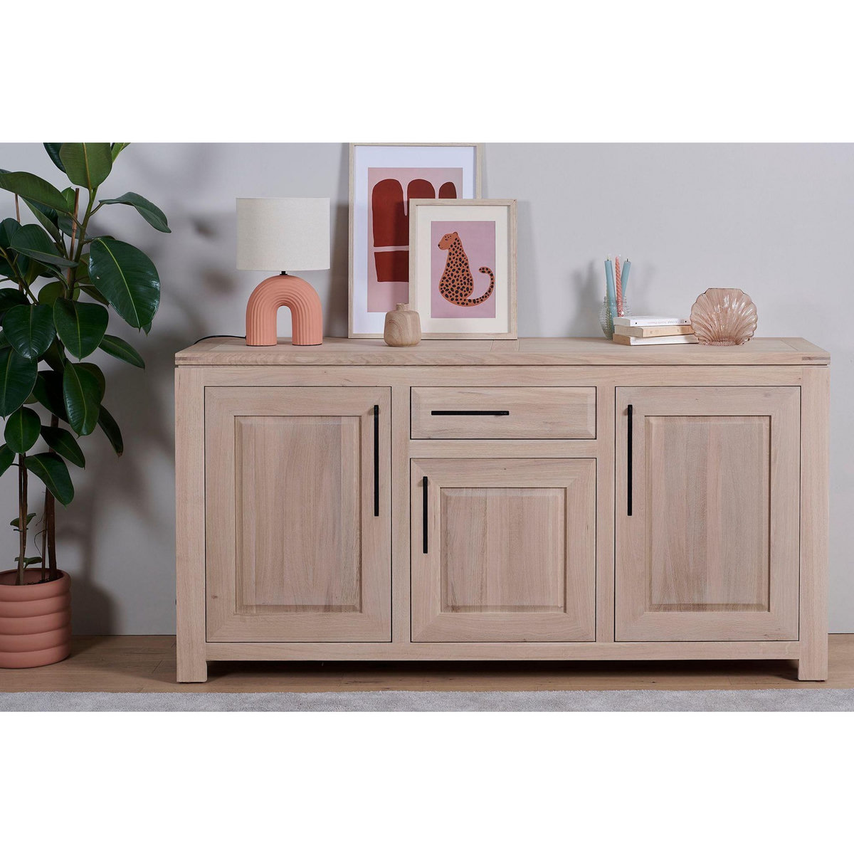 HELLIN Buffet bas moderne en chêne blanchi 3 portes 1 tiroir - BOSTON