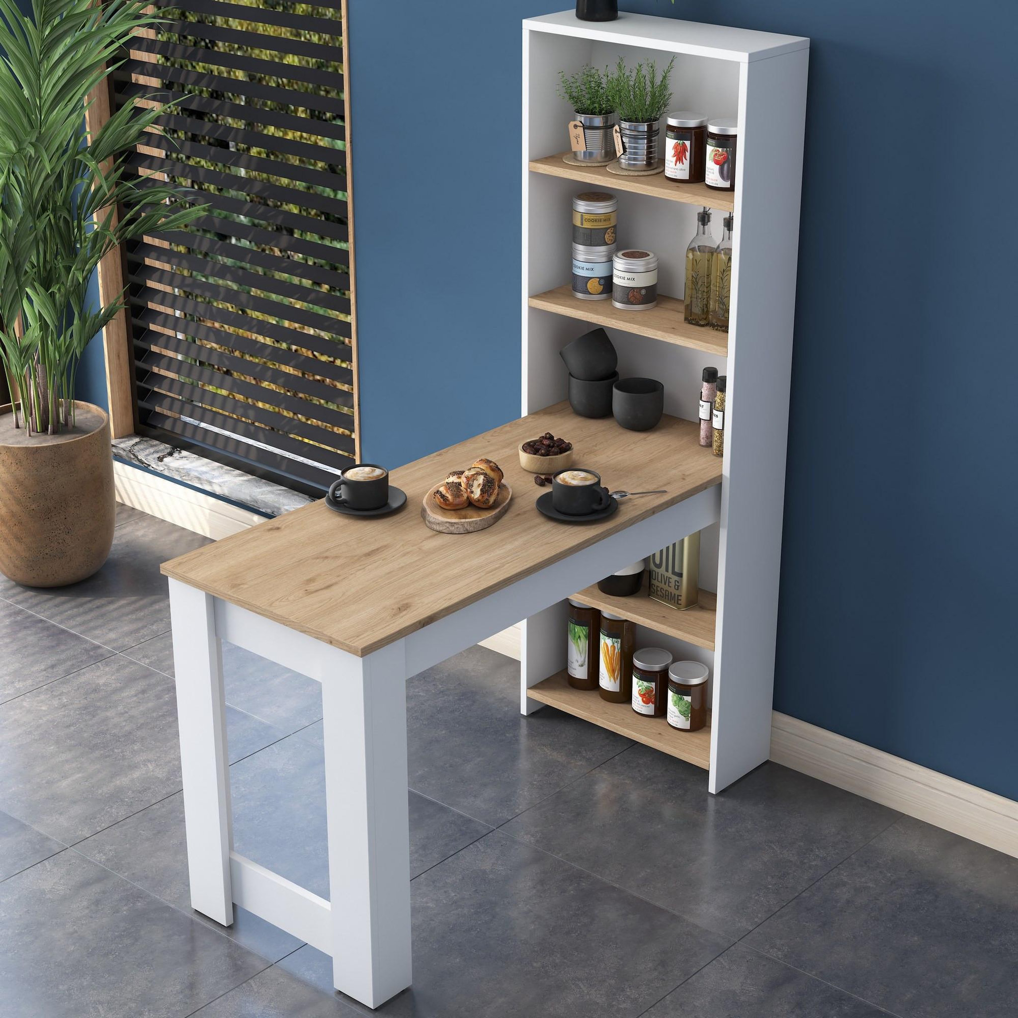 Voir la diapositive 2 : Habitat et Jardin Table de repas avec étagères en bois  jong  - 120 x 54 x 154 cm - marron