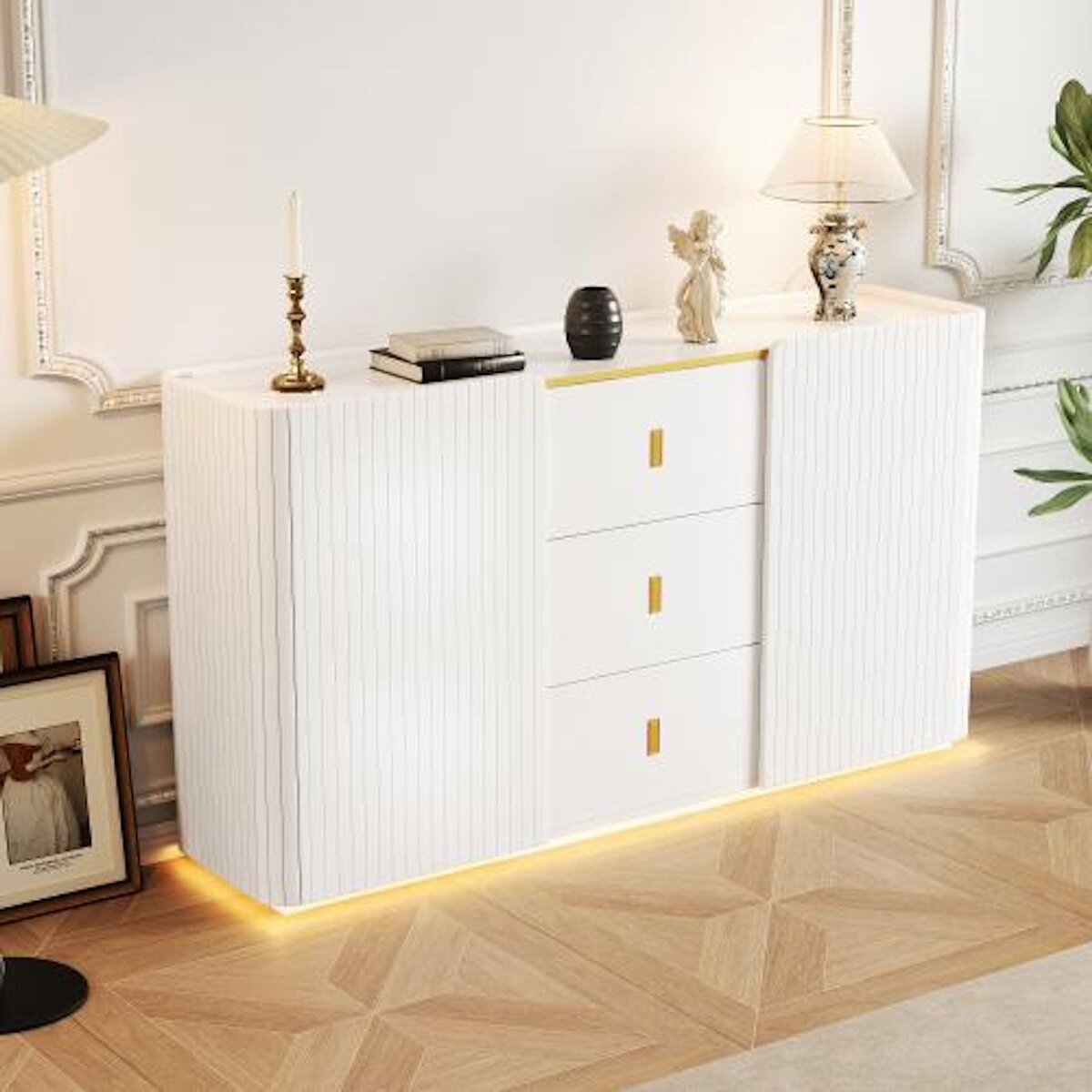 MERAX Buffet 2 porte(s) 3 tiroir(s) - 150 cm blanc led panneau de particules