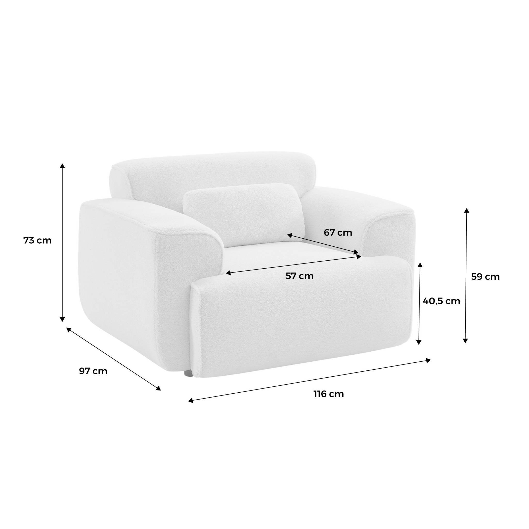 Voir la diapositive 5 : SWEEEK Fauteuil tissu bouclette blanche. lignes arrondis. coussin fourni. Wallas. L 116 x P 97 x H 73cm