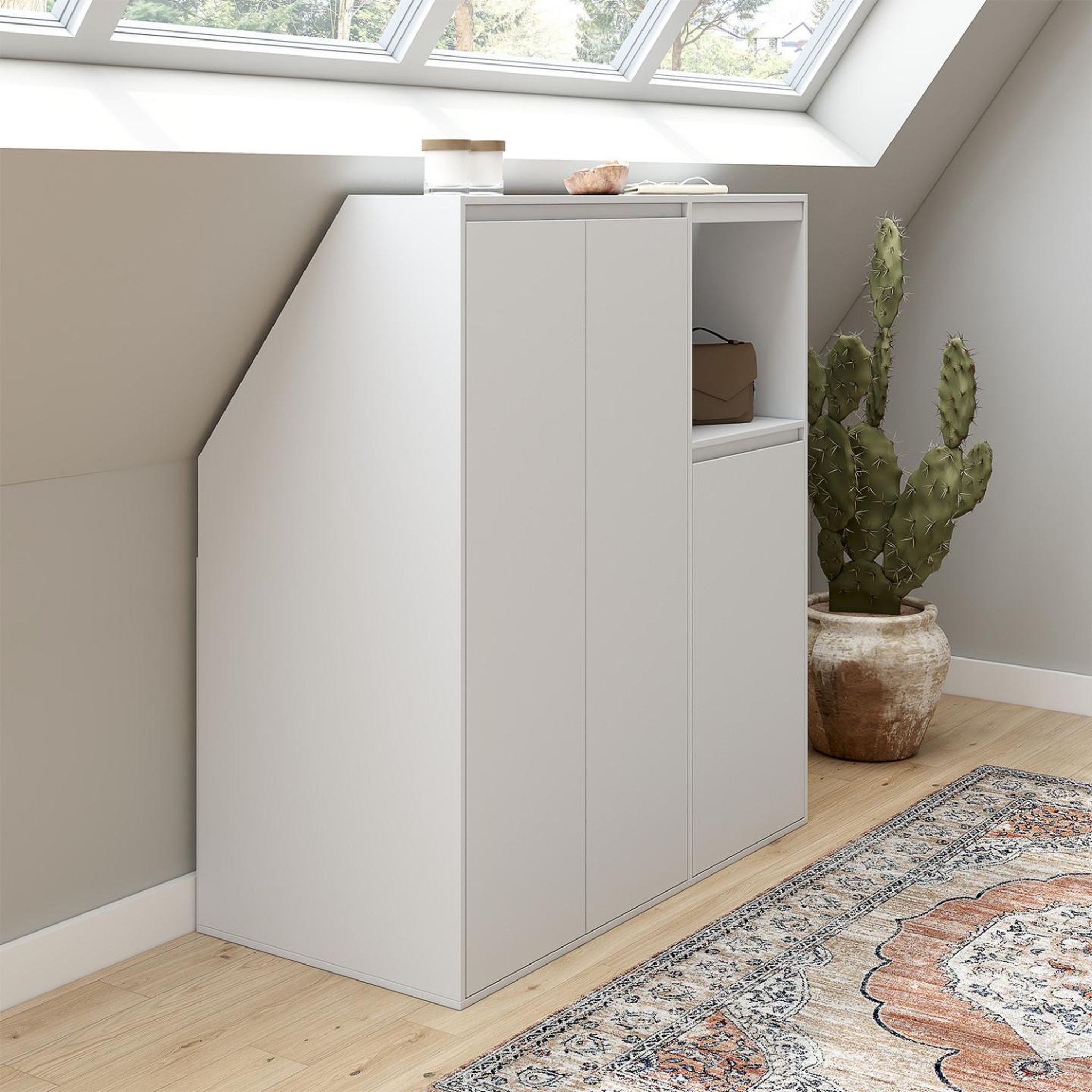 Voir la diapositive 2 : ID MARKET Ensemble armoires sous pente 2 portes + 1 porte et 1 niche tomi blanc