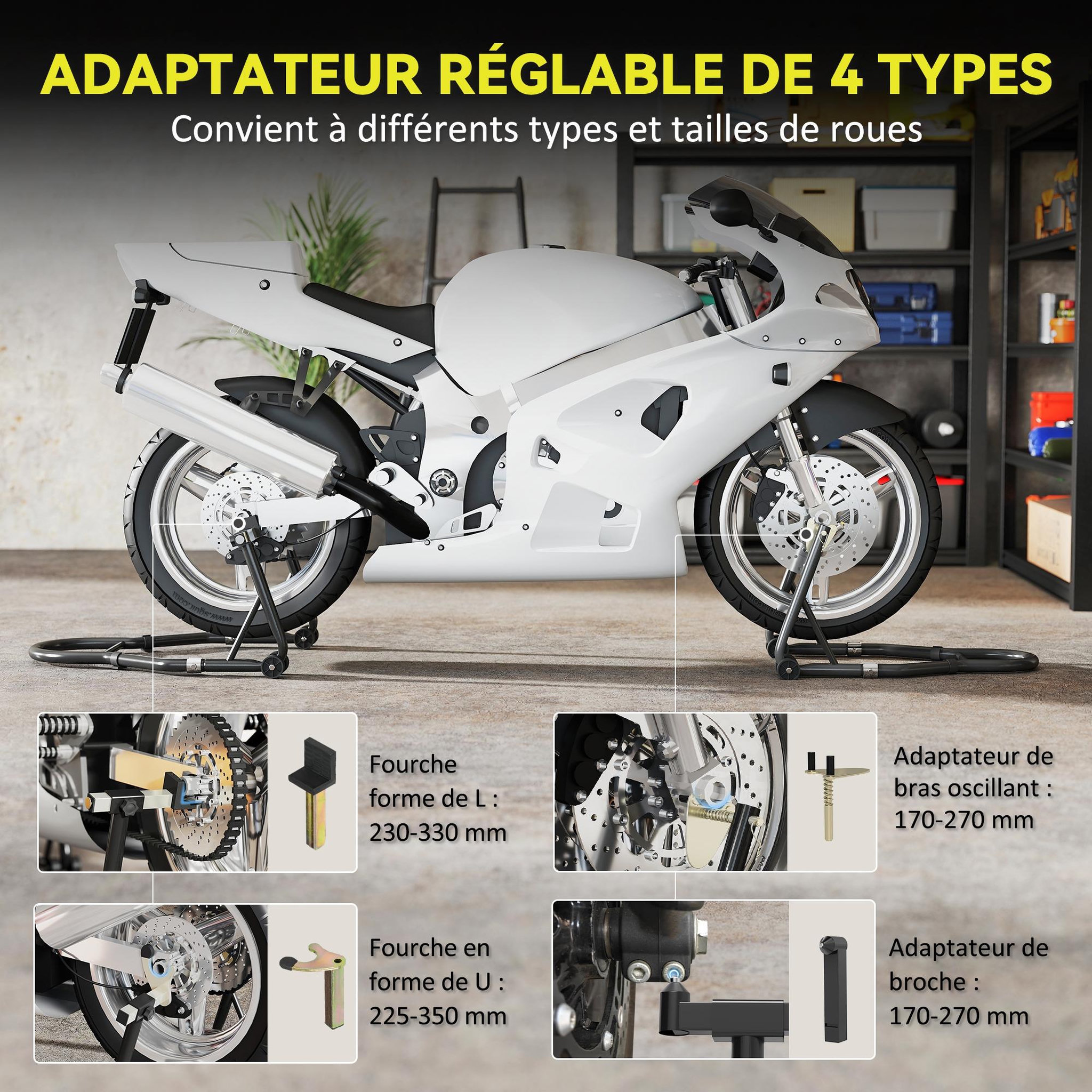 Voir la diapositive 6 : HOMCOM Béquille avant et béquille arrière - béquille d'atelier charge max. totale 390 Kg - acier noir