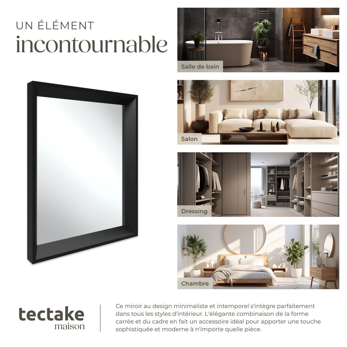tectake Miroir mural rectangulaire 40,6 x 3,8 x 50,8 cm noir