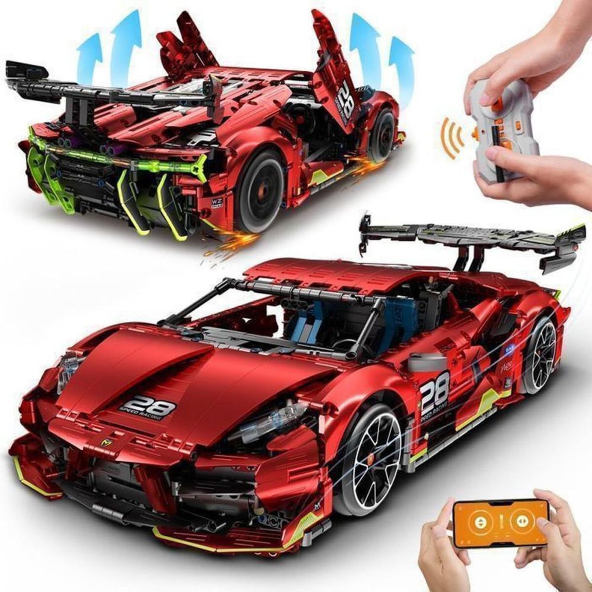 Kit voiture RC à assembler 1:10 rouge, 2 202 pièces, télécommande 2,4 GHz et contrôle via app