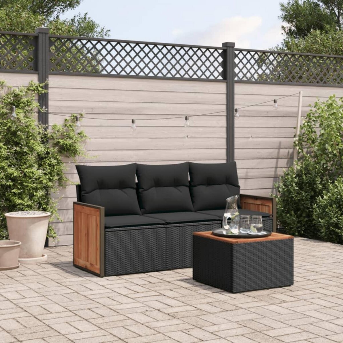 VIDAXL Salon de jardin 4 pcs avec coussins noir resine tressee