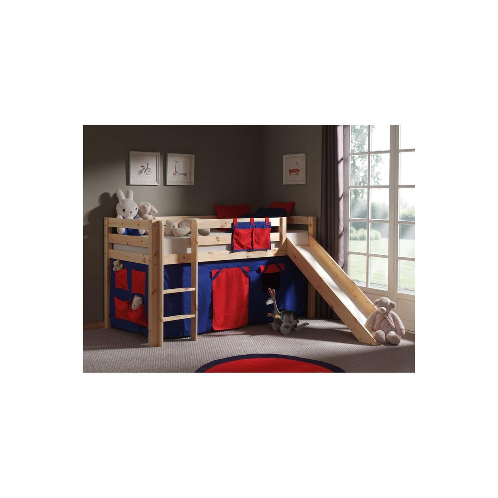 Voir la diapositive 2 : Paris Prix Lit enfant avec toboggan  pino rouge  90x200cm naturel