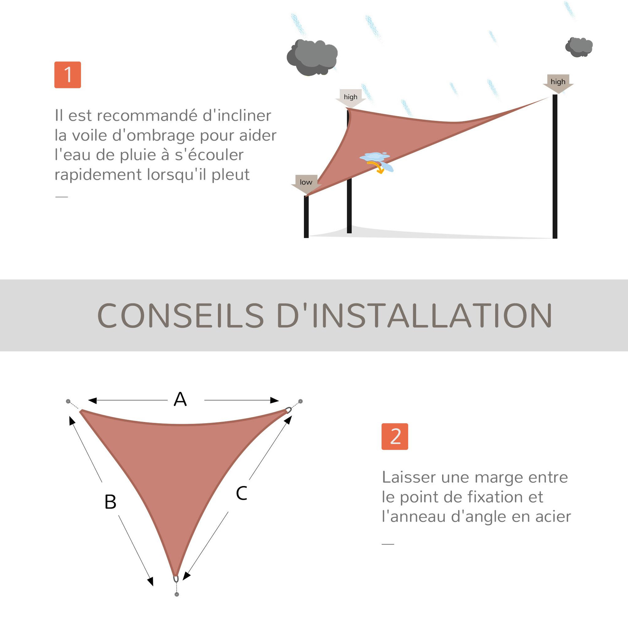 Voir la diapositive 4 : OUTSUNNY Voile d'ombrage triangulaire grande taille 4 x 4 x 4 m polyéthylène haute densité résistant aux UV rouille