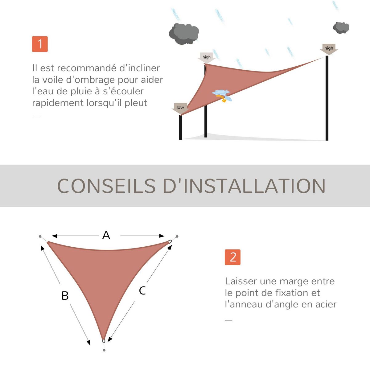 OUTSUNNY Voile d'ombrage triangulaire grande taille 4 x 4 x 4 m polyéthylène haute densité résistant aux UV rouille