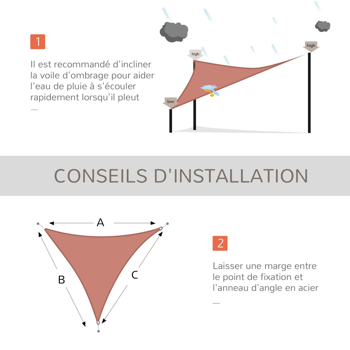 OUTSUNNY Voile d'ombrage triangulaire grande taille 4 x 4 x 4 m polyéthylène haute densité résistant aux UV rouille