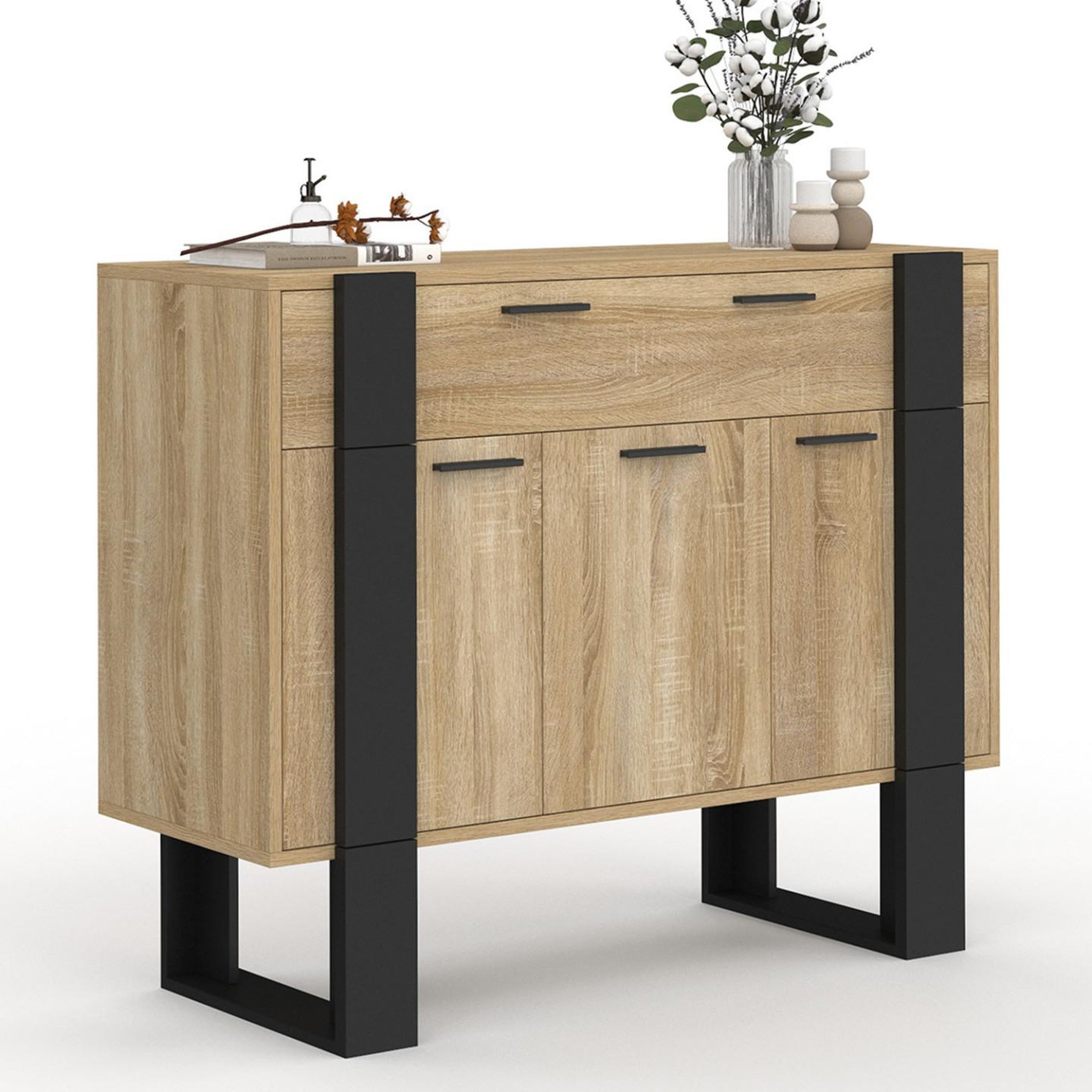 ID MARKET Buffet 100 cm phoenix 3 portes et 1 tiroir bois et noir