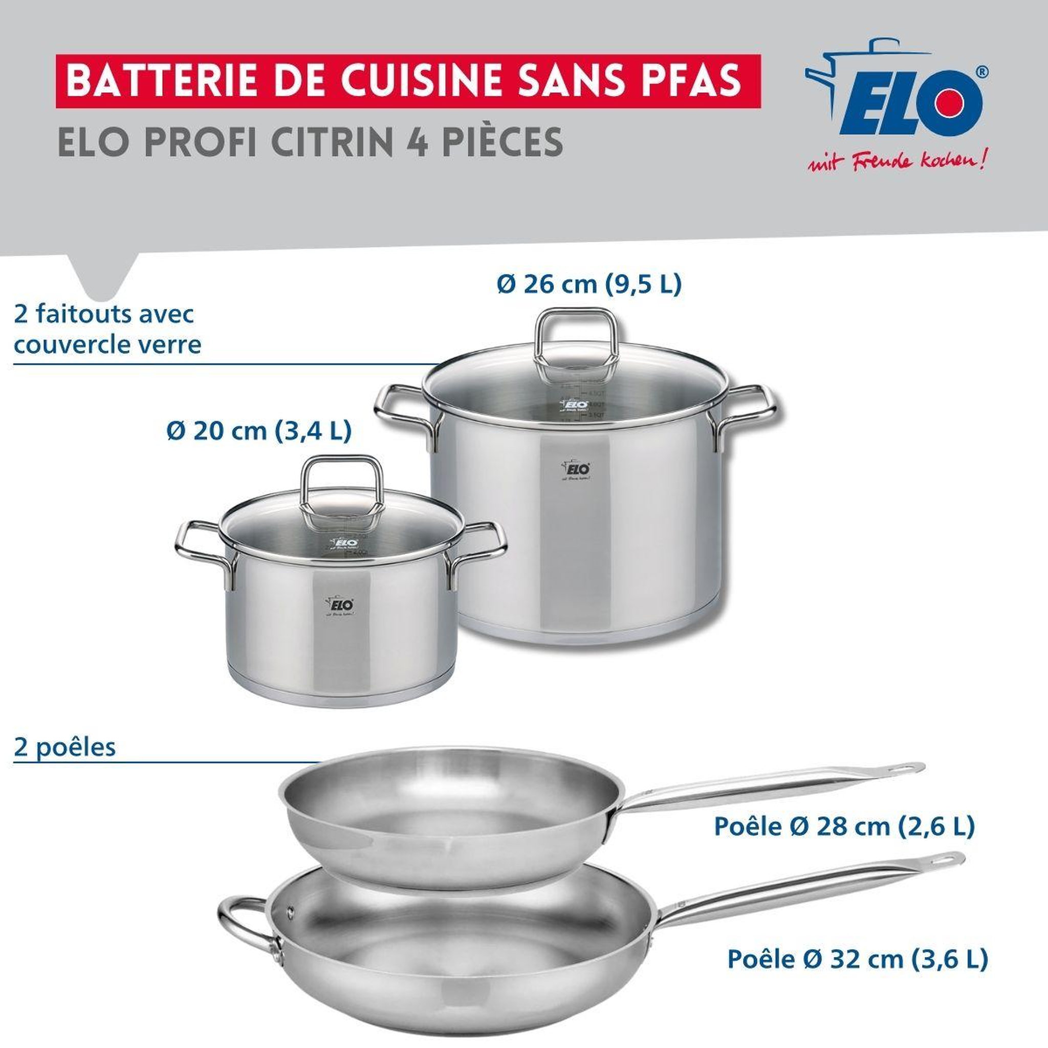 Voir la diapositive 2 : ELO Ensemble de 2 poêles de cuisson 28 et 32 cm et 2 faitouts 20 et 26 cm elo profi citrin