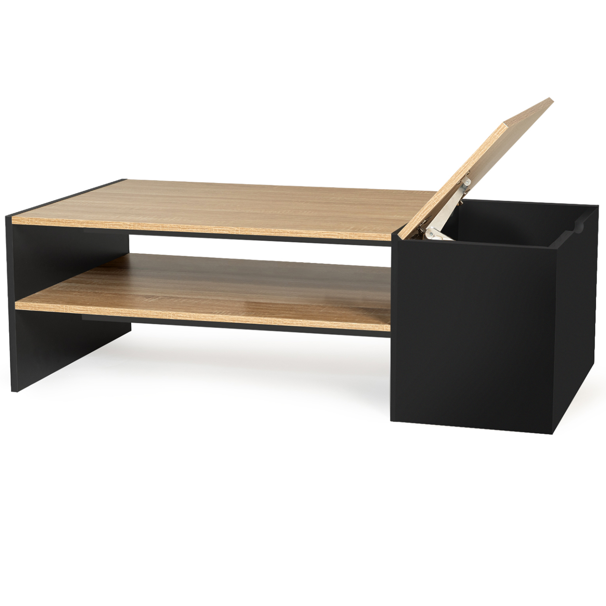 ID MARKET Table basse bar contemporaine rectangulaire izia avec coffre noir et plateaux bois