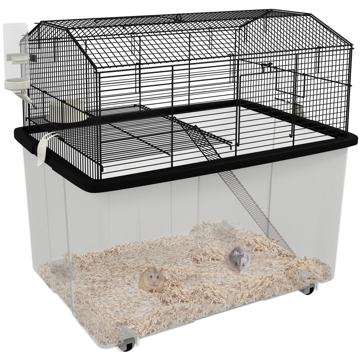 PAWHUT Cage rongeur hamster 2 étages - roulettes, plateforme, échelle, accessoires - PP transparent acier noir