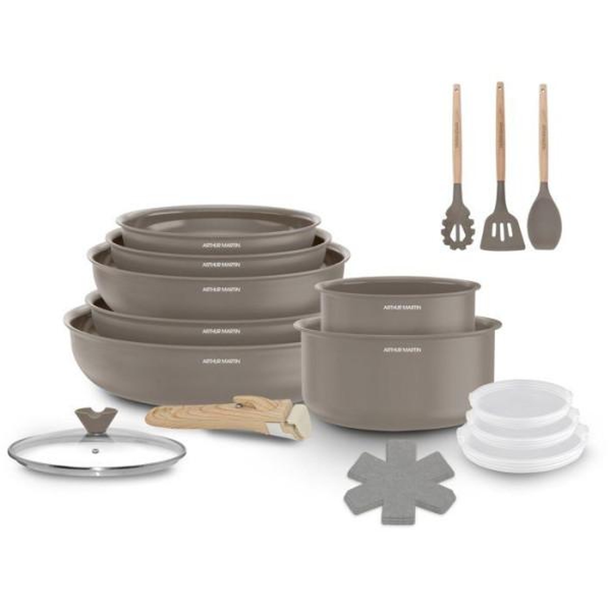 Arthur Martin Batterie de cuisine - Tous feux dont induction - ARTHUR MARTIN – Revetement céramique - 18 pieces - Poignée amovible effet b