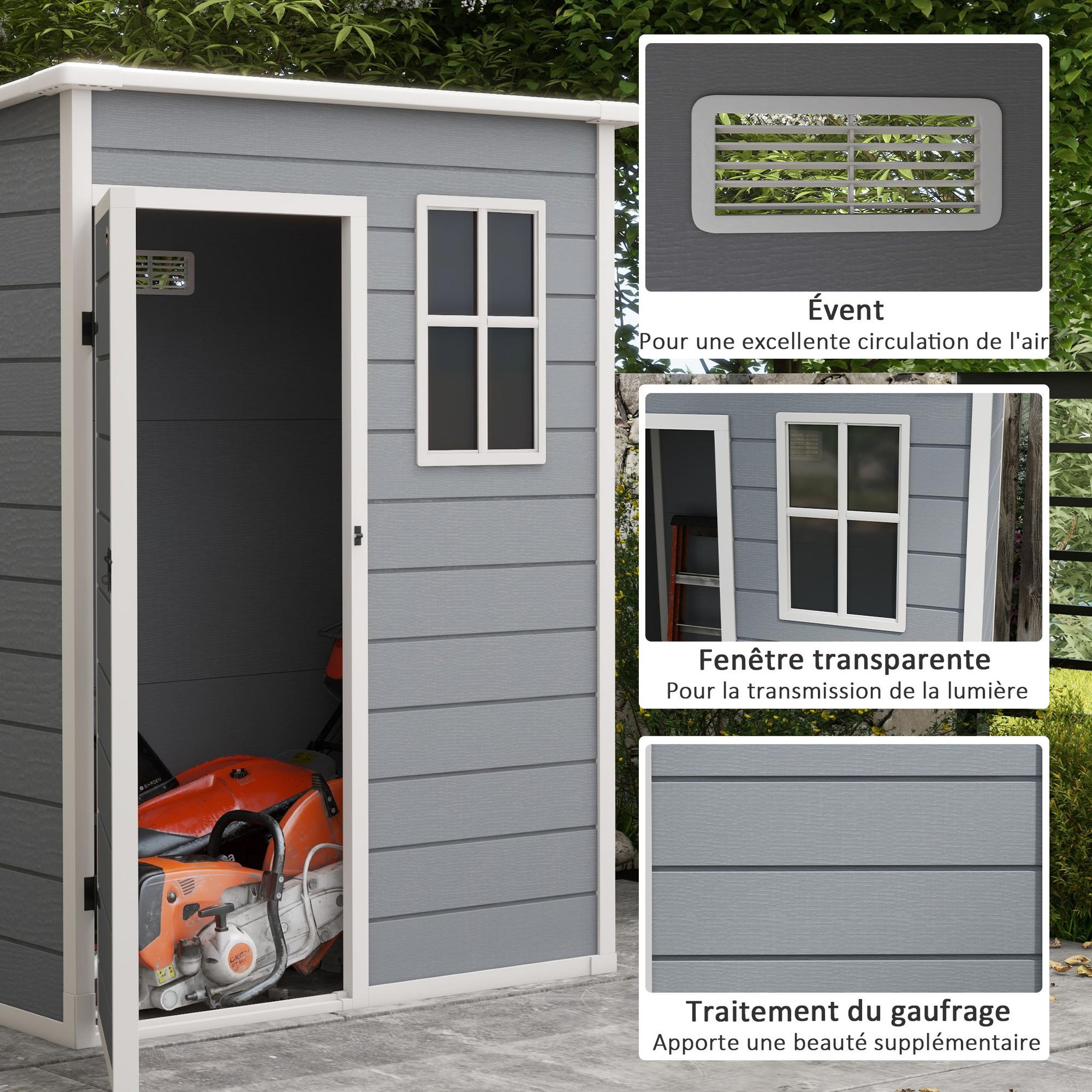 Voir la diapositive 5 : OUTSUNNY Abri de jardin - remise pour outils - cabanon porte verrouillable, fenêtre - dim. 151L x 92l x 193H cm - alu PP gris blanc