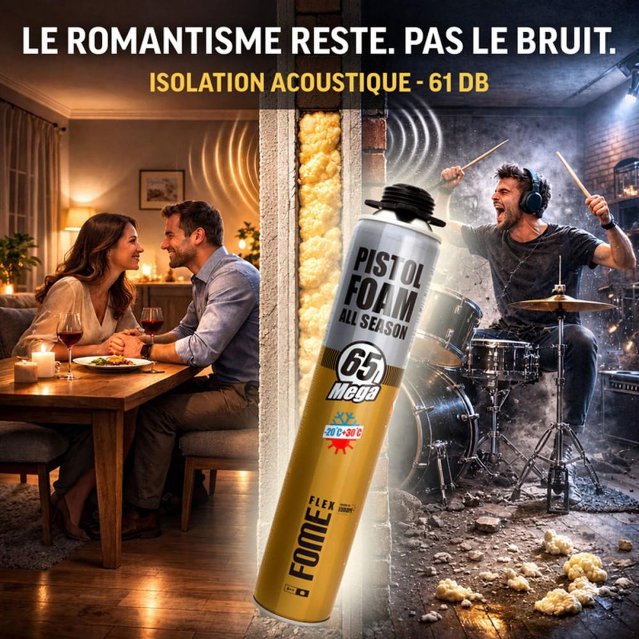 Voir la diapositive 3 : Mousse polyuréthane pistoletable toutes saisons jaune jusqu'à 65 L, application au pistolet, pour montage, étanchéité et isolation