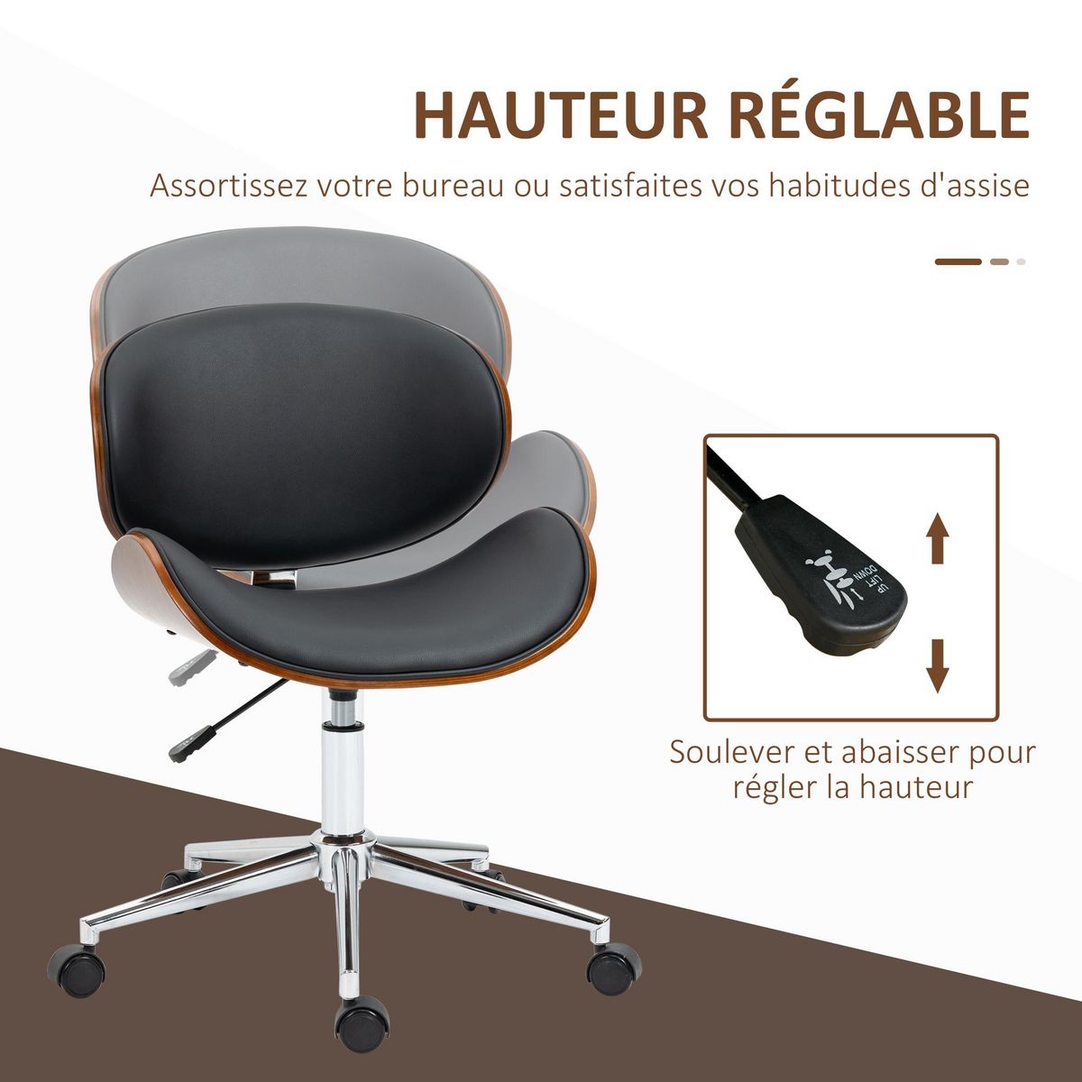 VINSETTO Chaise de bureau manager design vintage pivotante réglable bois peuplier acier chromé synthétique noir