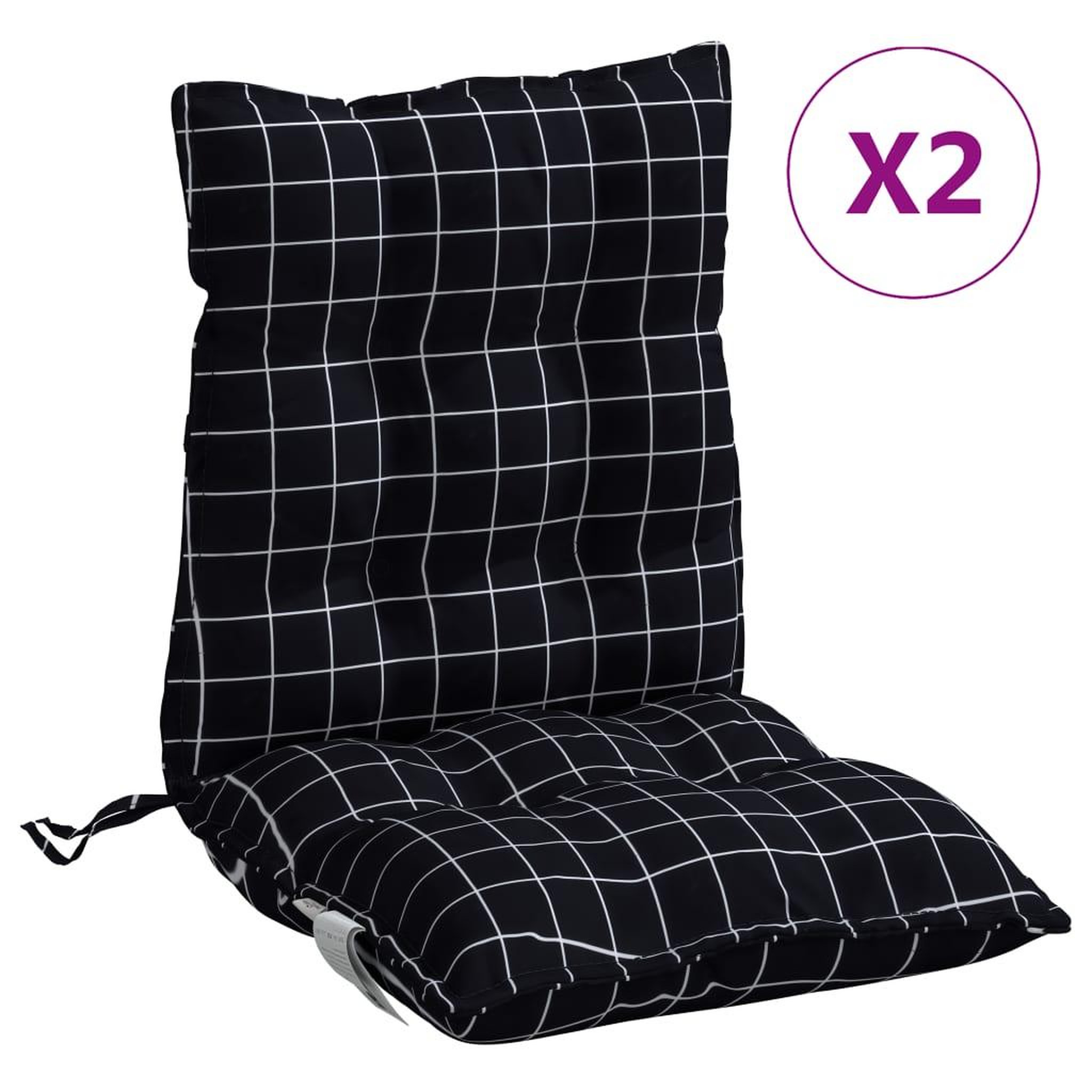 Voir la diapositive 2 : VIDAXL Coussins de chaise a dossier bas lot de 2 motif a carreaux noir