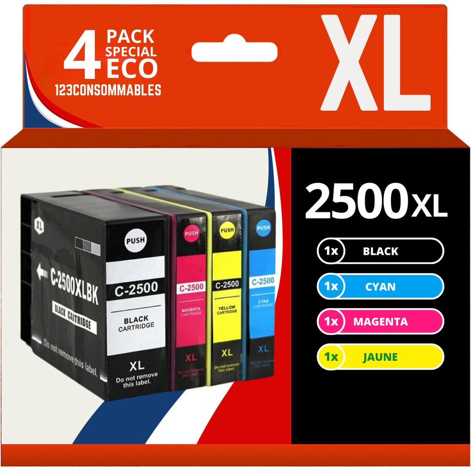 123CONSOMMABLES PGI 2500XL Pack 4 Cartouche encre Compatible pour Canon PGL 2500 PGI 2500XL PGL2500XL pour Canon Maxify MB5150 MB5450 MB5050 MB5350 MB5050 MB5155 1 / 1 Cyan / 1 / 1 Jaune Neuf - vue 3