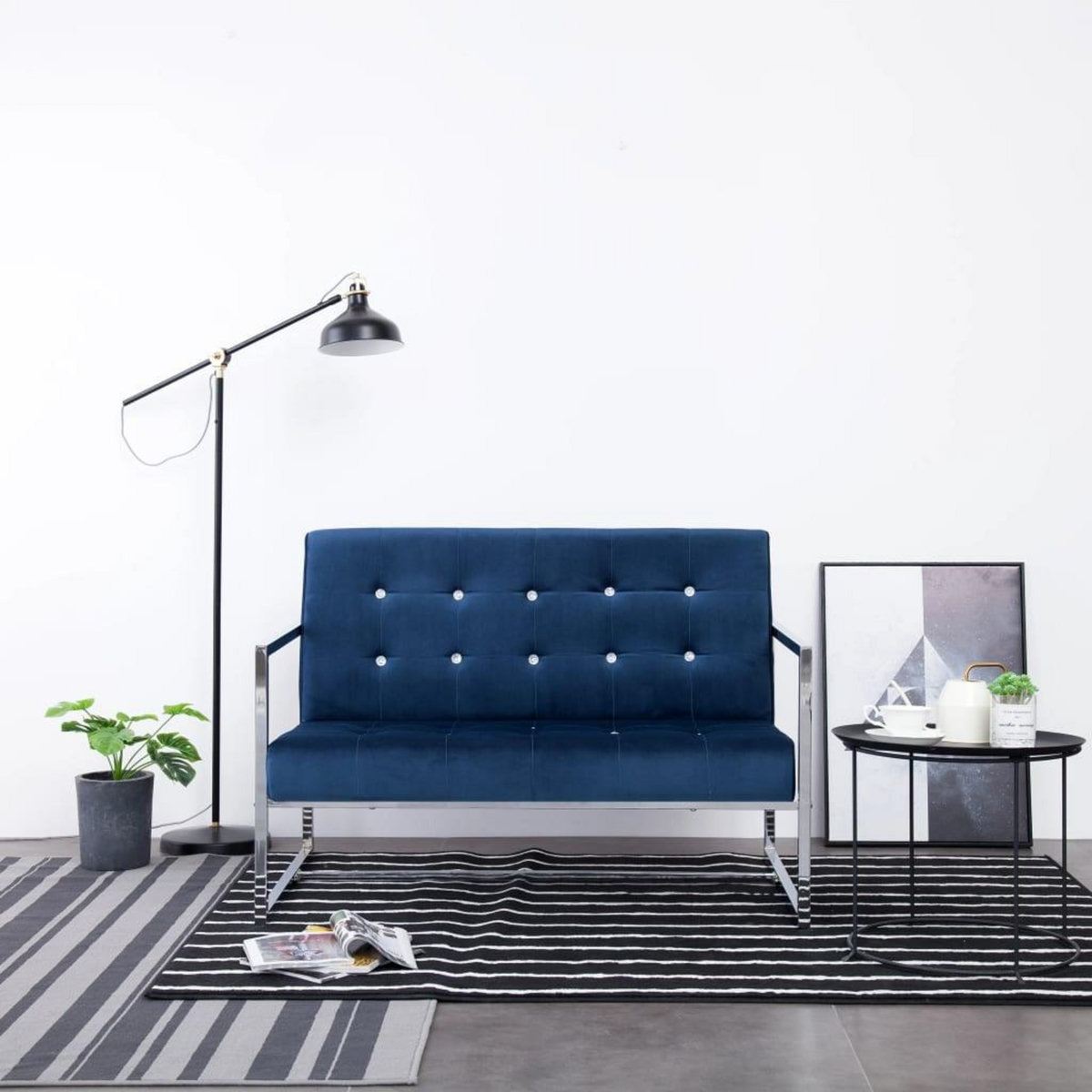 VIDAXL Canape 2 places avec accoudoirs Bleu Chrome et velours