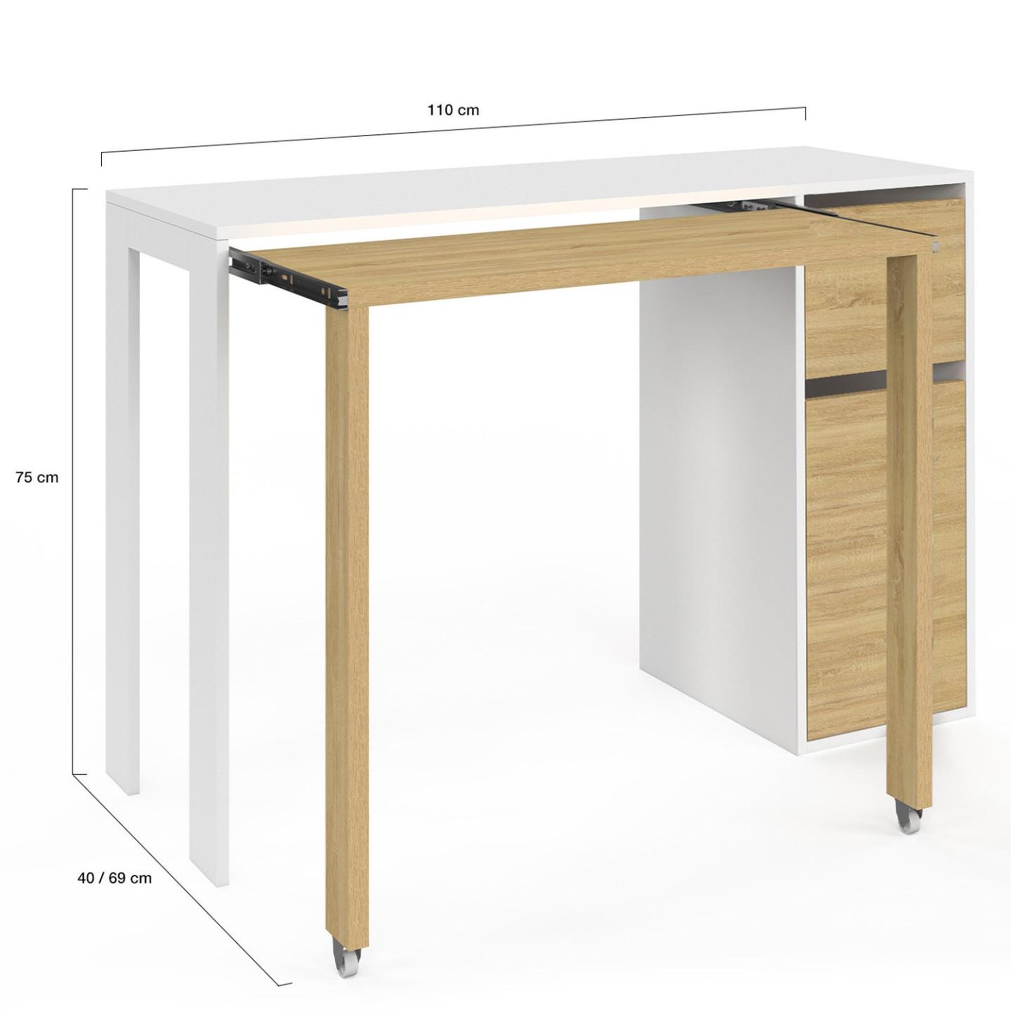 Voir la diapositive 4 : ID MARKET Bureau extensible ron avec colonne de rangement tiroir et placard blanc et bois