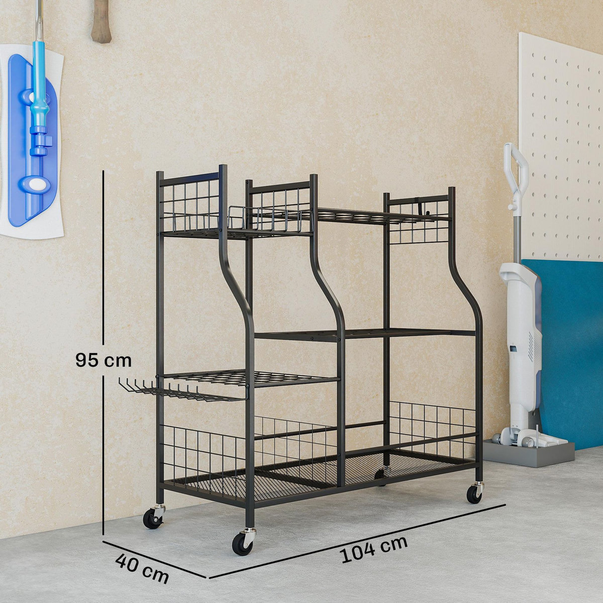 OUTSUNNY Organisateur d'outils de jardin - chariot de jardin - 11 crochets, 32 compartiments, 3 étagères - acier noir