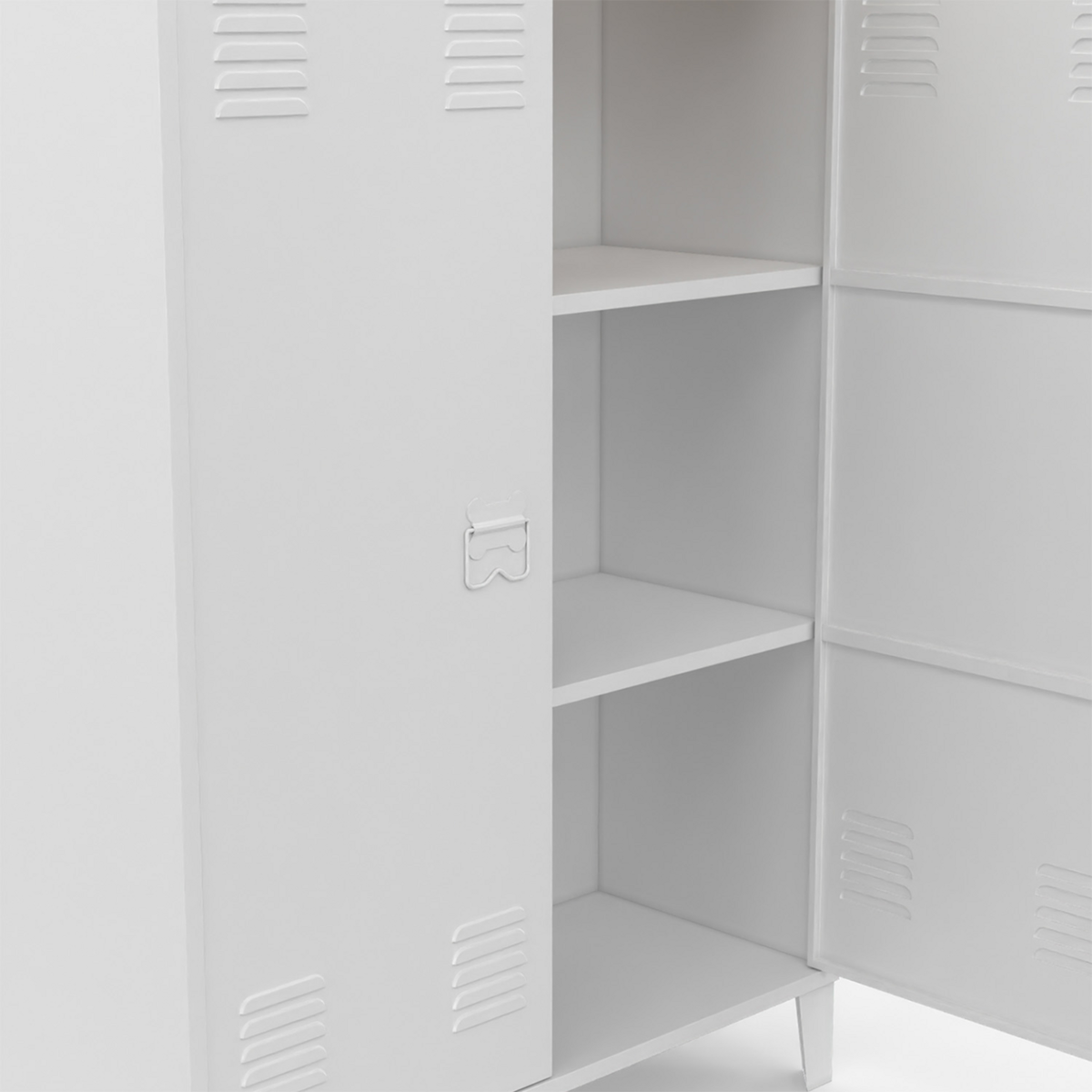 ID MARKET Armoire basse ESTER 2 portes métal blanc et plateau bois design industriel